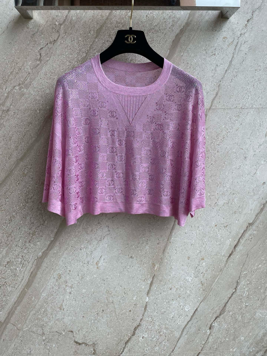 Chanel Hollow Hot Rhinestone Knitted Three-quarter Short-sleeved Pullover#377963