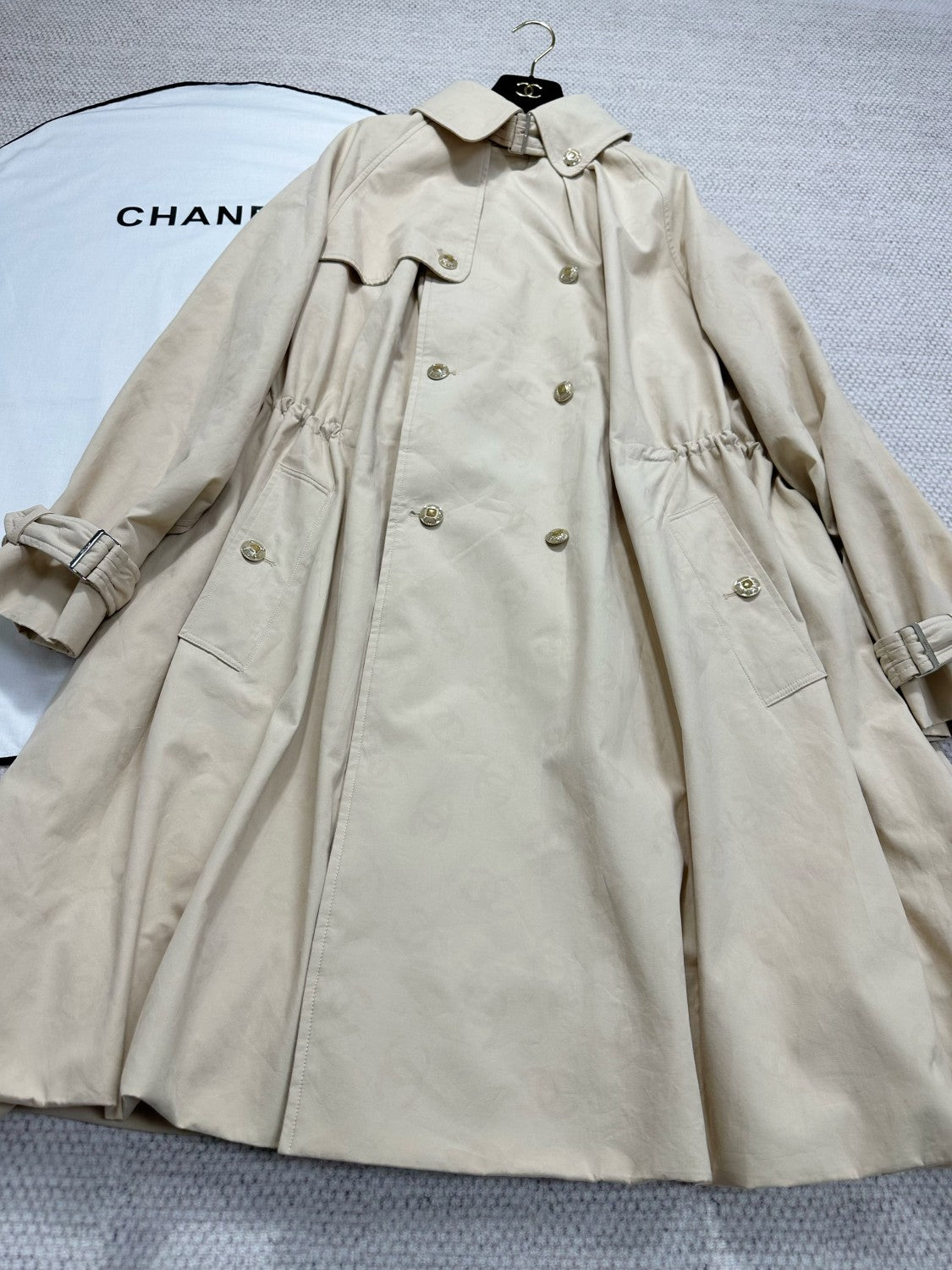 Chanel Women's Spring/Fall Casual Double Breasted Collared Long Print Trench Coat with Elastic Waistband Jacket #78777