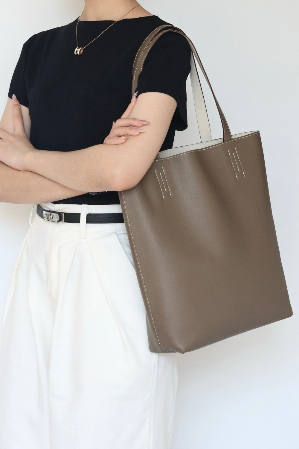 Hermes Women's Double Sensneo Calfskin Shoulder Bag Fashionable Color-Blocked Open Bag Double-Sided Tote Bag With Makeup Bag Bags Ngvp H086707CAAL #2277
