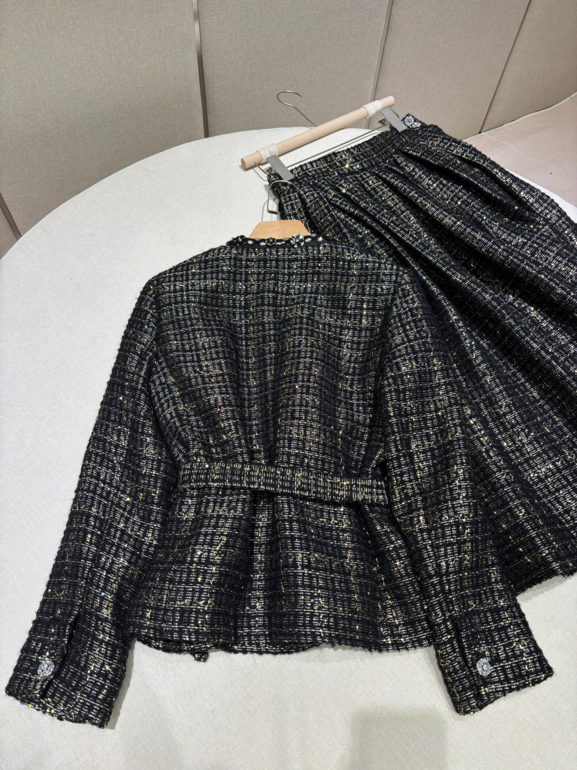 Chanel Women's Spring/autumn Vintage Suit Black And Gold Rhinestone Floral Embroidery Blend Belt Long Sleeve Jacket Pleated Halter Dress Vacation Set Ngvp #2243