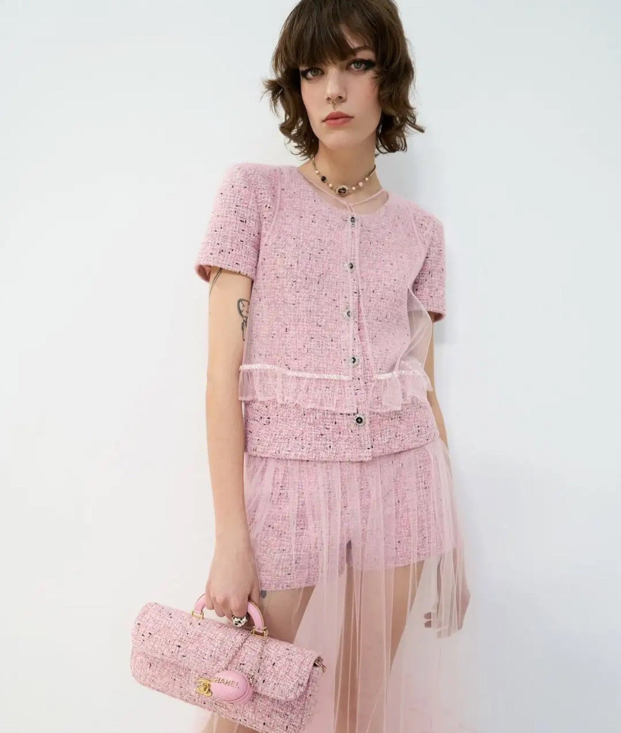 Chanel Short-sleeved Top Shorts Tweed Pink Black White#335416