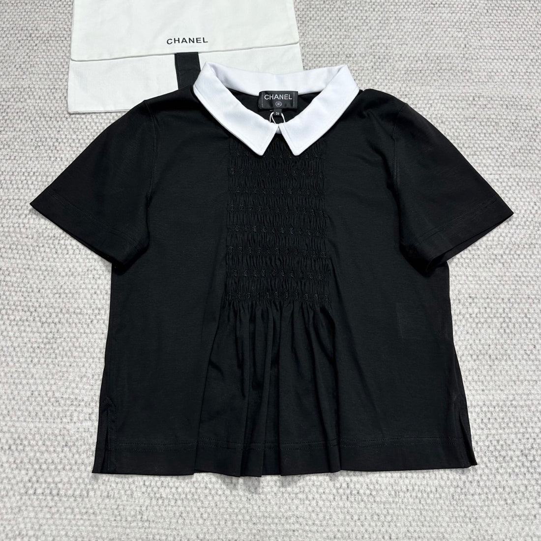 Chanel Women's Spring And Summer Pleated Short Sleeved Color Blocked Lapel Cotton Pullover T-Shirt Top Shirt Ngvp #2593