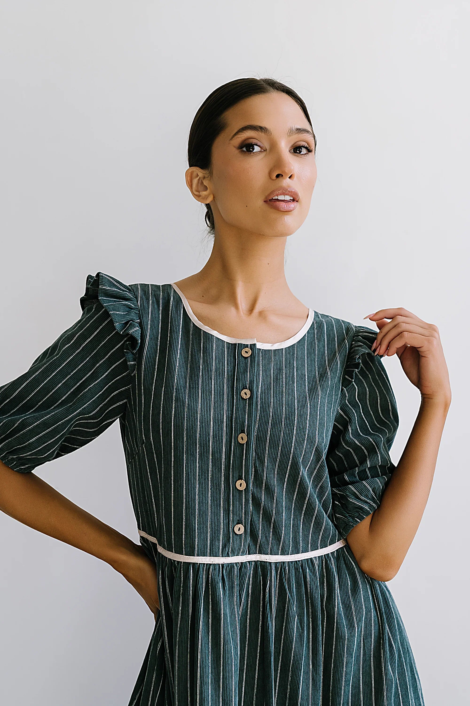 Berlin Corduroy Baby Doll Midi Dress in Green
