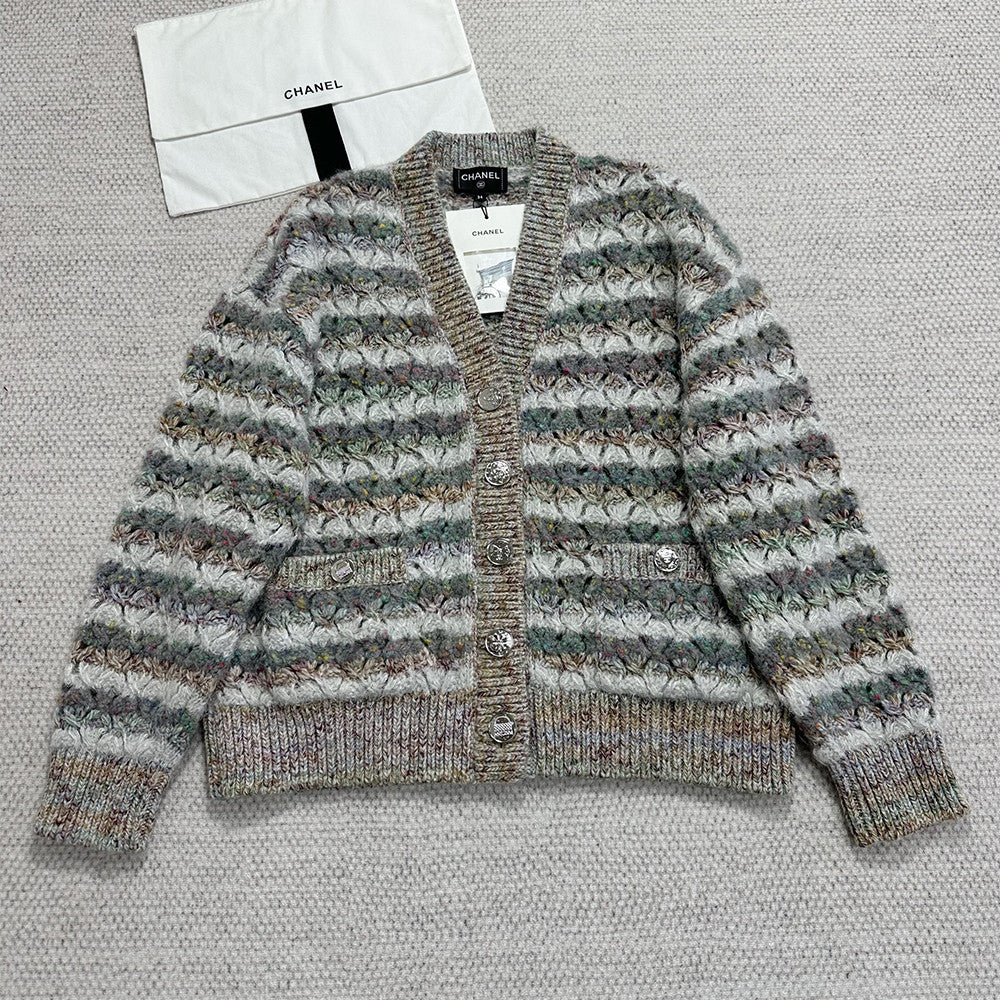 Chanel 25FW Multiple Color Block Cardigans Retro V-Neck Loose Contrast Striped Knitted Jacket #332368