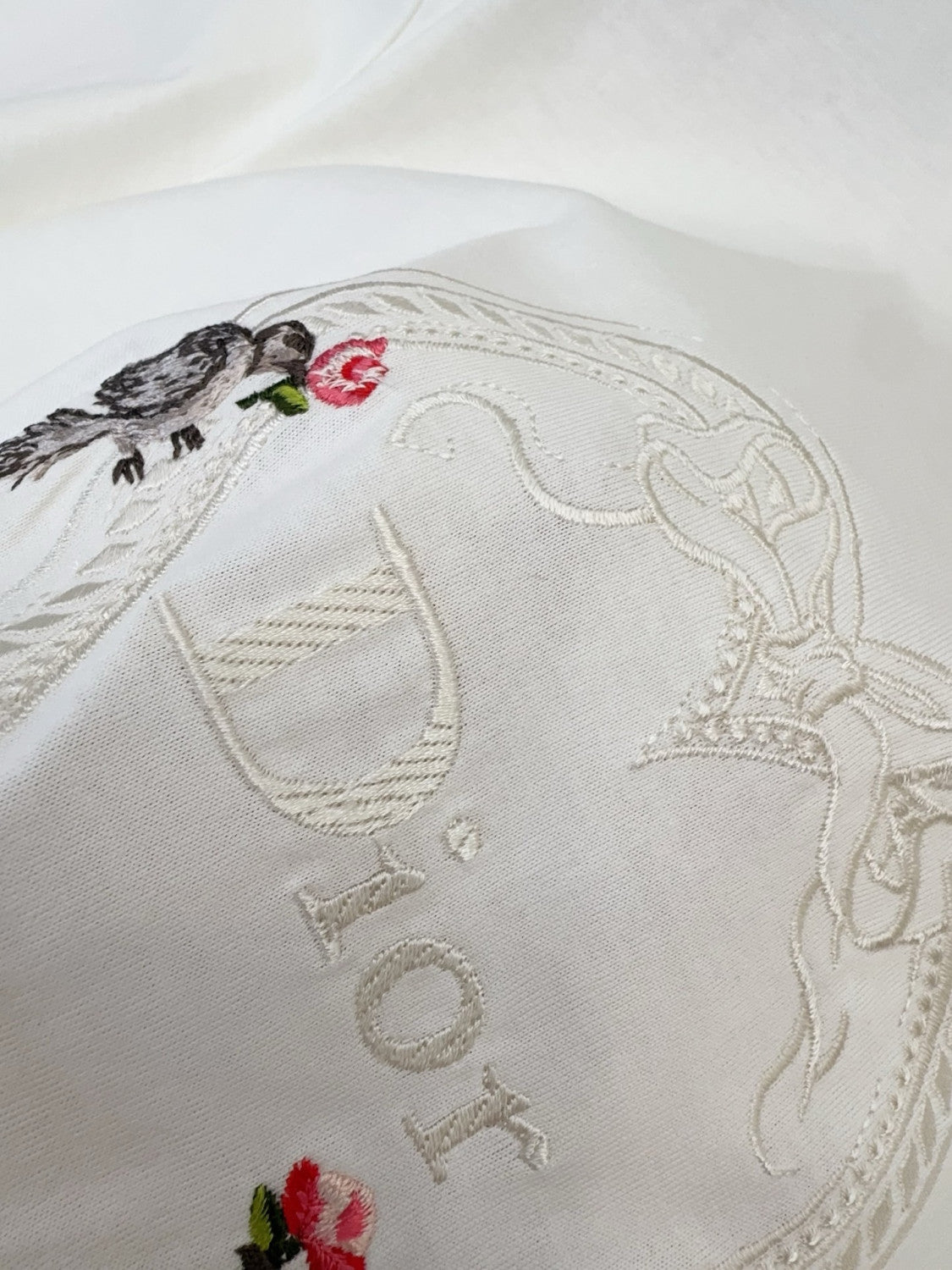 DIOR Dioramour Fitted T-Shirt White Cotton Jersey with Multicolor Doves Roses Motif #375761