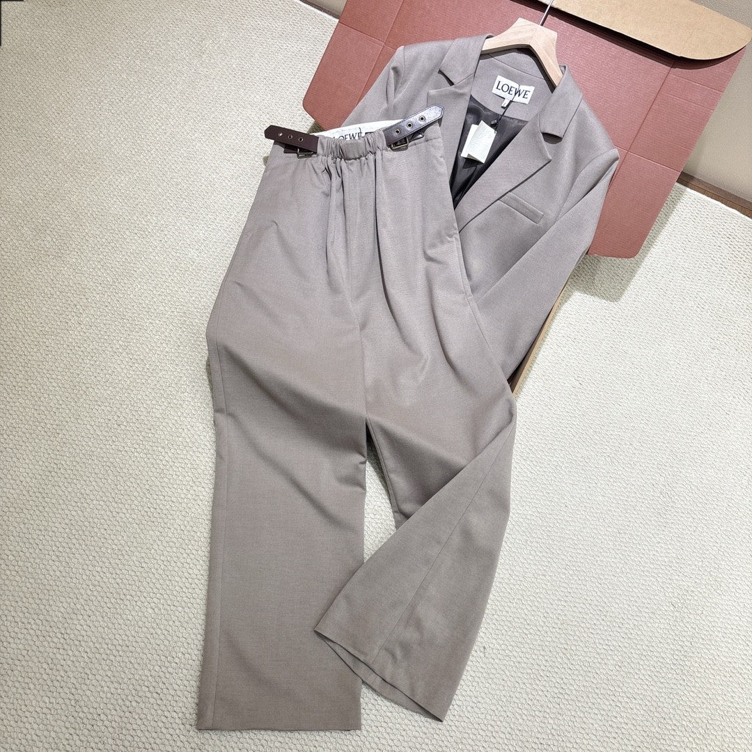 Loewe Women's Spring/fall Classic Solid Color V Neck Single Button Long Sleeve Blazer Paired With Solid Color Elastic Waist Straight Leg Suit Pants Suit Set #79228