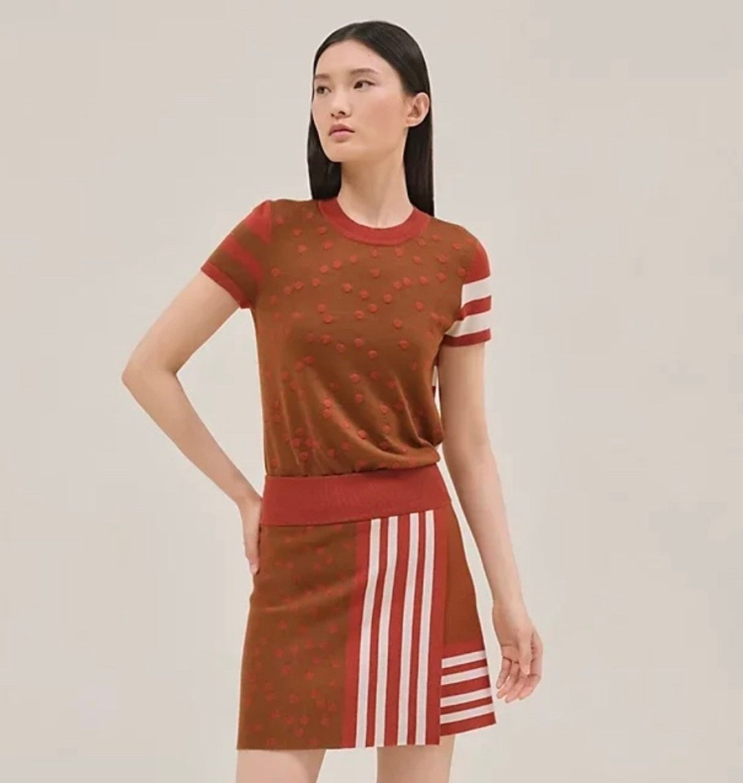 Hermes Women's Spring And Summer Cashmere Knitted T-shirt Round Neck Short-sleeved Color Collision Striped Polka Dot Short Knitted Sweater Bottoming Sweater Ngvp #2473