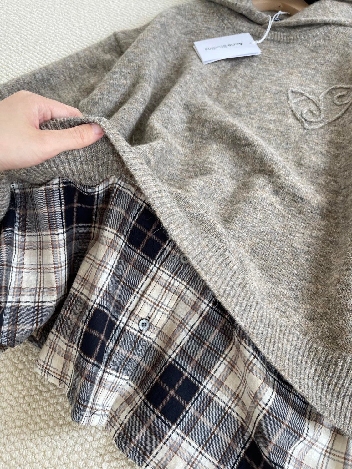 Acne Studios FW25 Women's Layered Wool Hoodie Beige Plaid Patchwork Sweater #332244