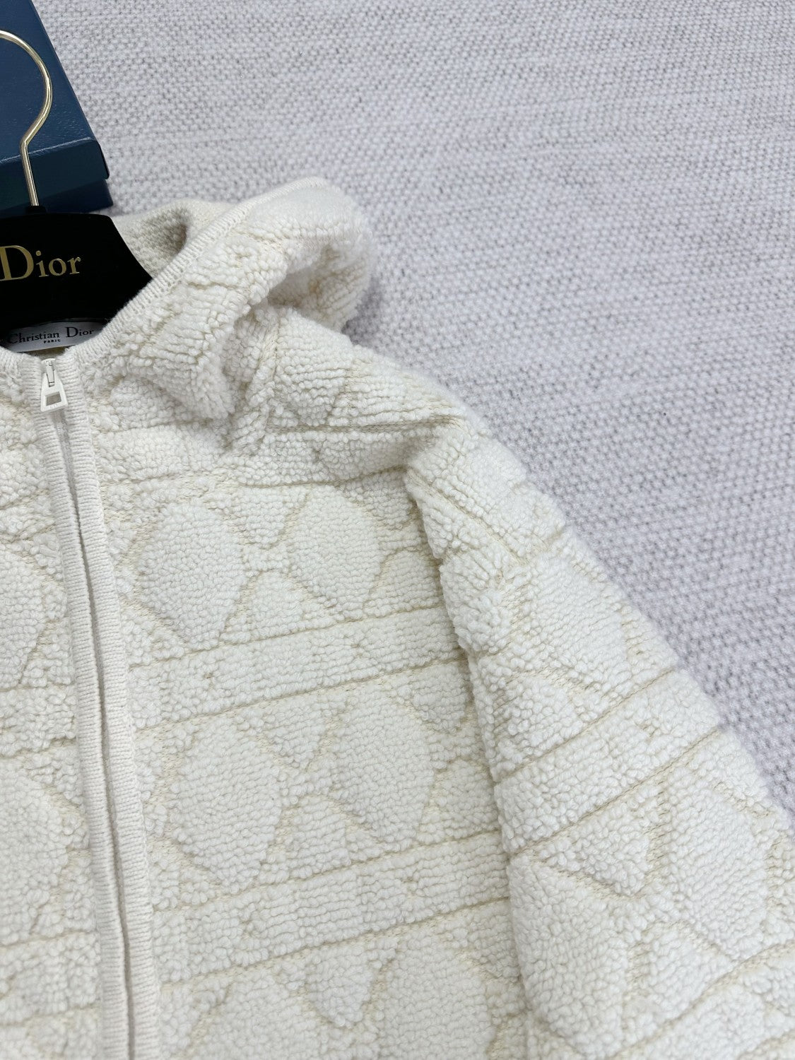 DiorZip Hooded Cardigan White Sheep Wool Blend Textured Knit Cannage #332748