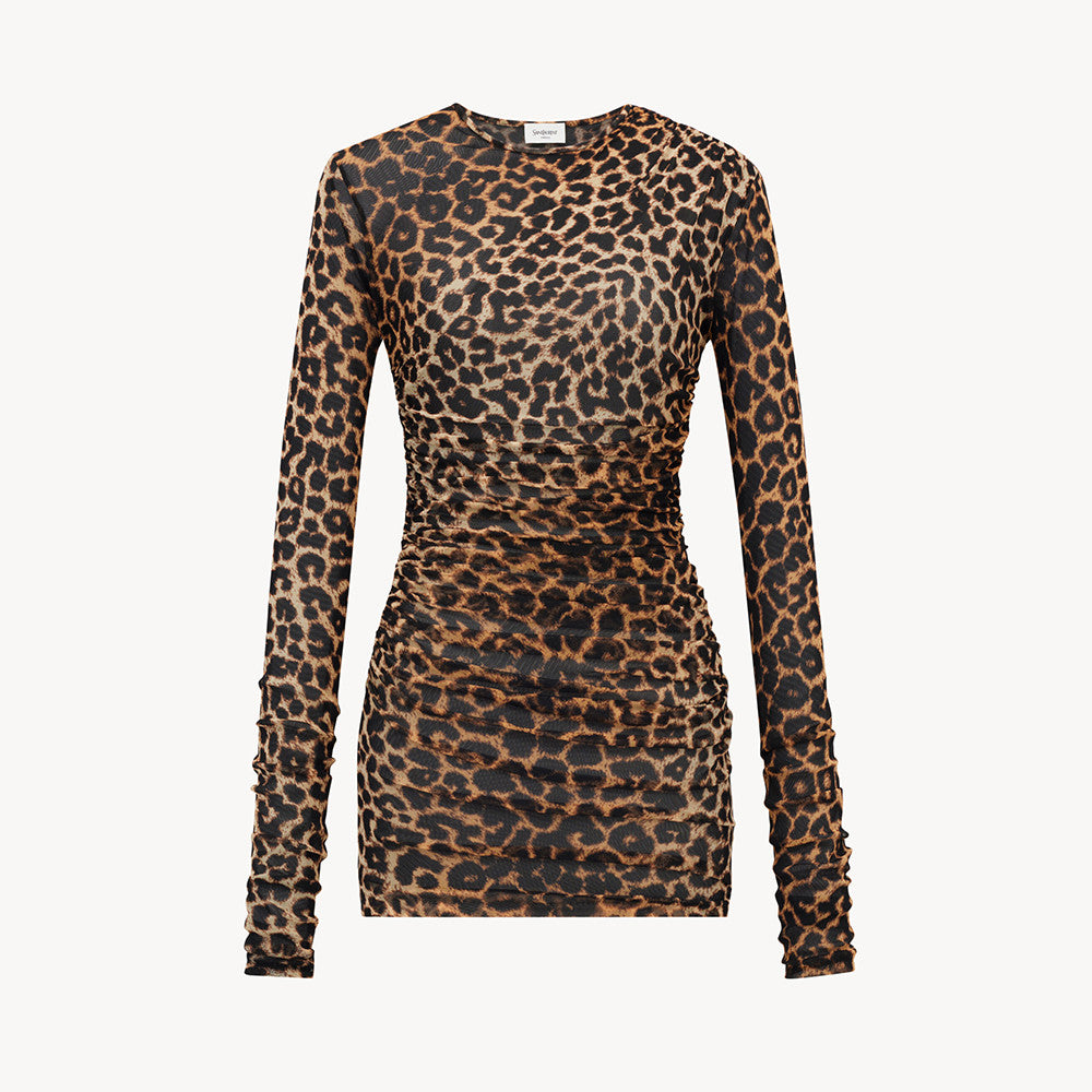 Saint Laurent Ruched Mini Dress in Leopard Tulle Jersey in Brown #334380