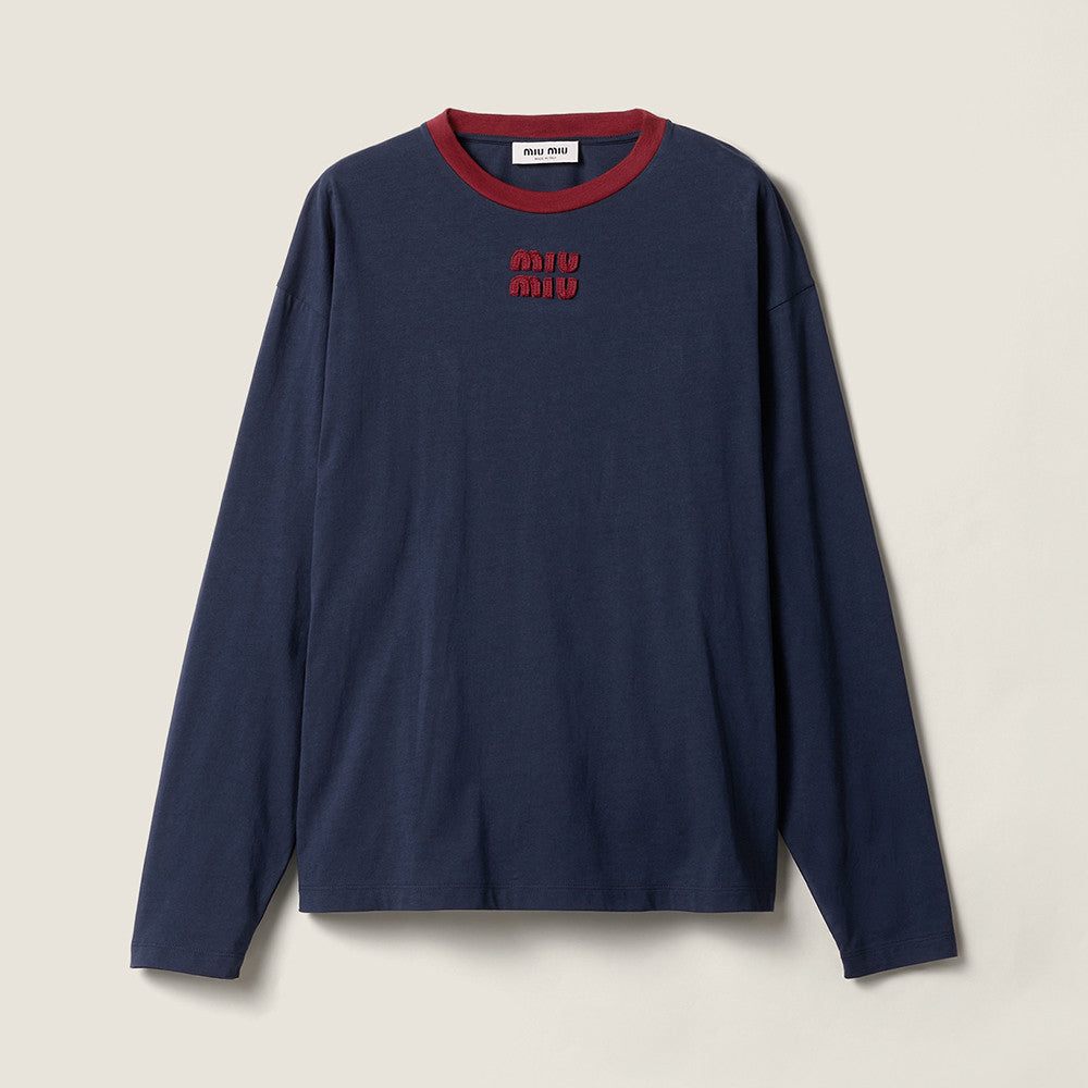 MiuMiu Blue burgundy Long-sleeved Cotton Jersey T-shirt #377089