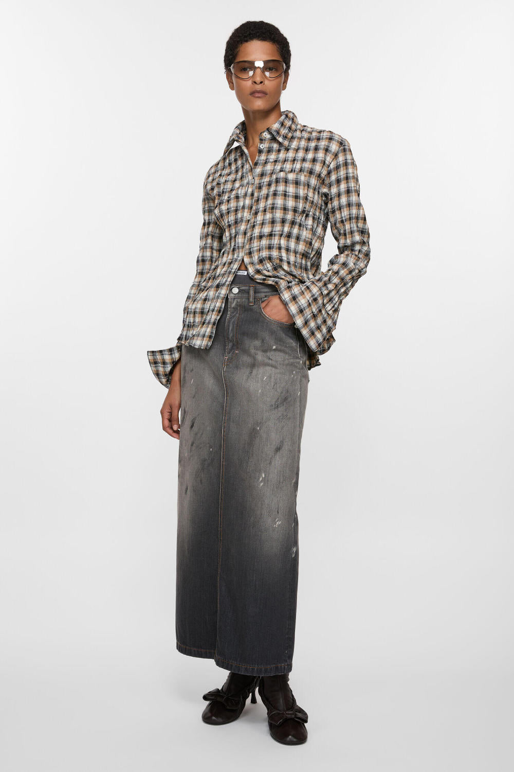 Acne Studios Women's Spring/Fall Checkered Single-Breasted Color-Blocked Casual Loose-Fit Long-Sleeve Shirt #81593