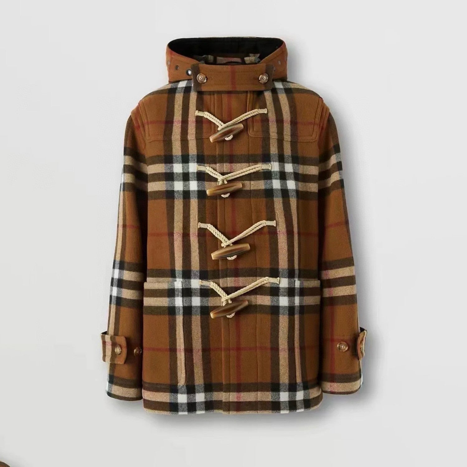 Burberry Men's And Women's Fall/winter Fashion Casual Checkered Hooded Single Breasted Short Coat With Horn Buttons Jacket #79427