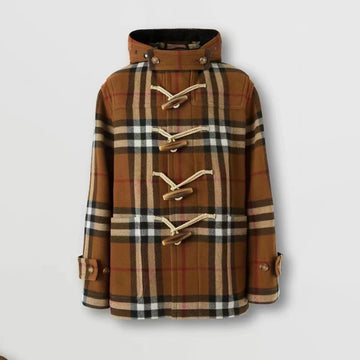 Burberry Men's And Women's Fall/winter Fashion Casual Checkered Hooded Single Breasted Short Coat With Horn Buttons Jacket #79427