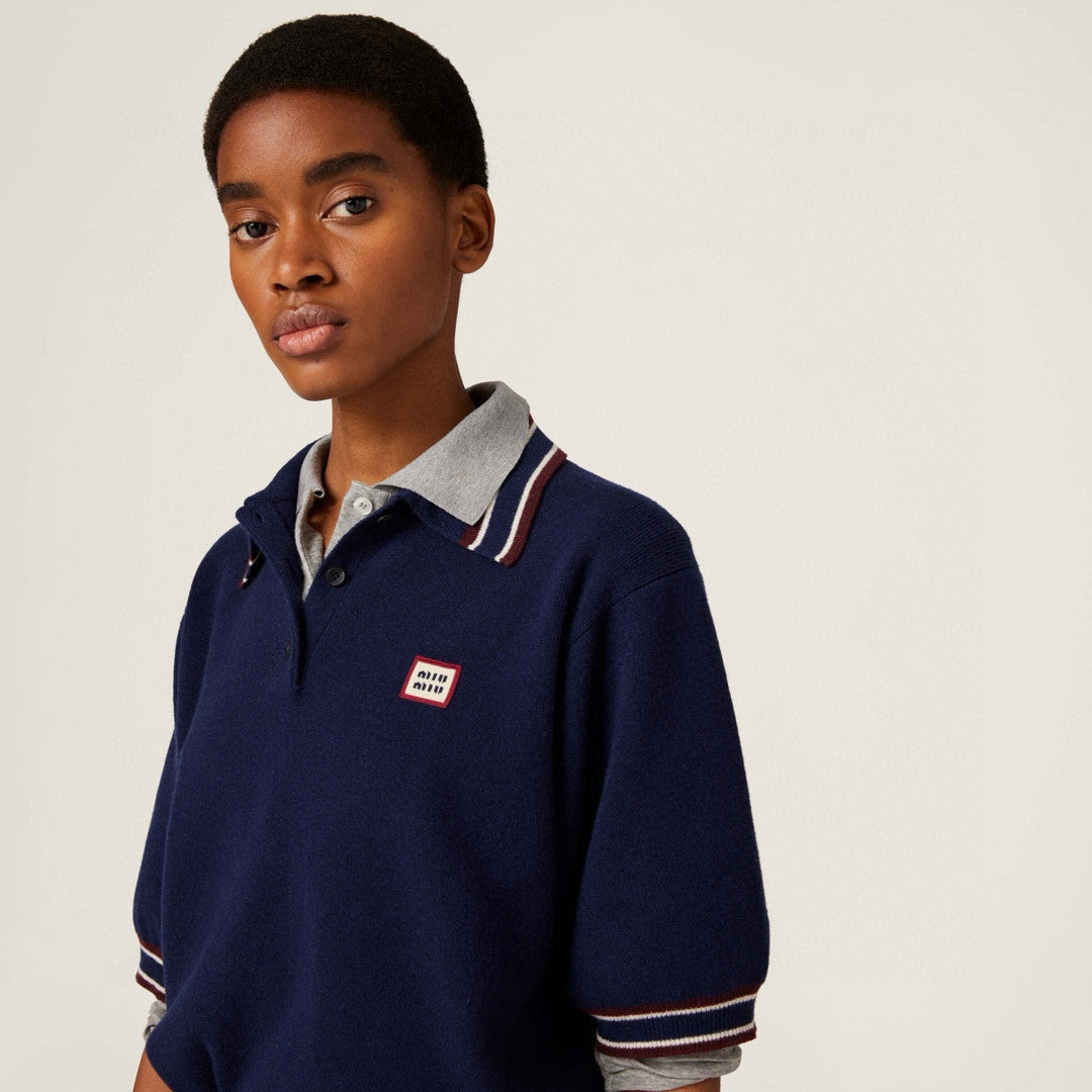 MiuMiu Women's Spring And Summer Polo Shirt Knitted Fashion Retro Navy Blue Striped Color Blocking Buttons Short Sleeve T-shirt Tops #81641