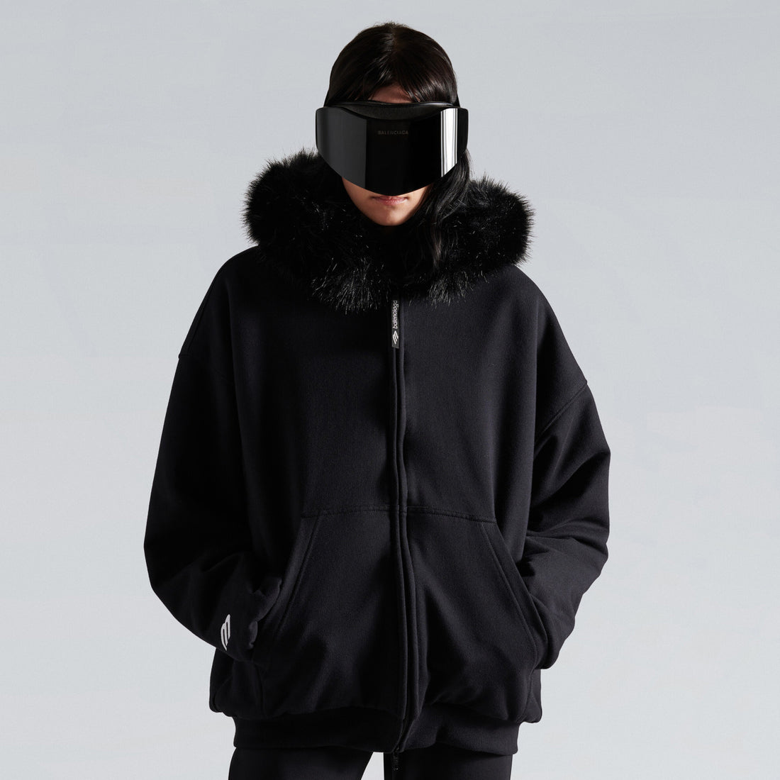 Balenciaga Fluffy Hoodie Washed Black Zipper Hooded Sweatshirt #333184