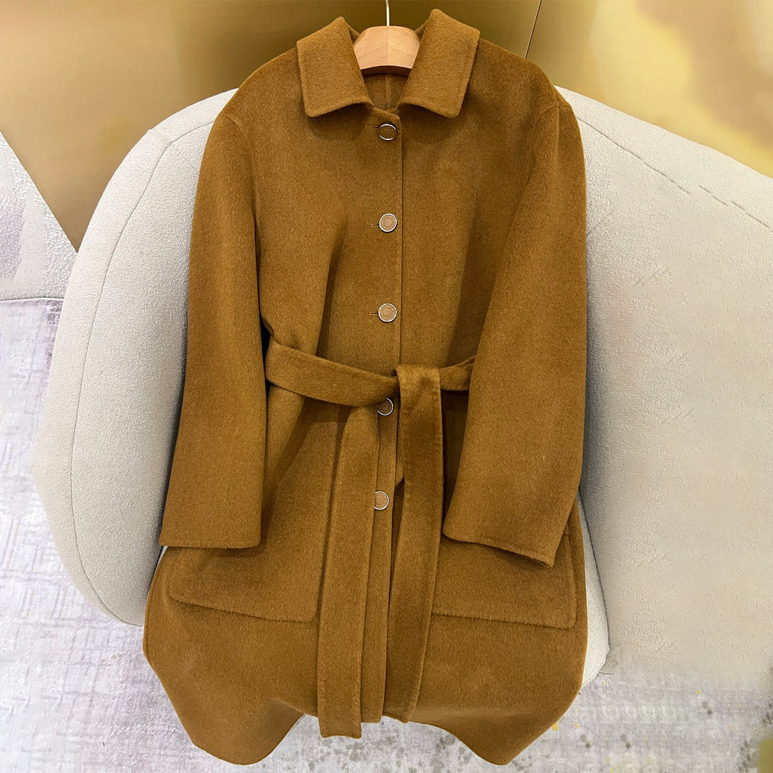 Hermes Women's Spring/Fall/Winter Reversible Solid-Color Collared Single-Breasted Tie-Front Cashmere Wrap Coat Straight-Cut Jacket #81737
