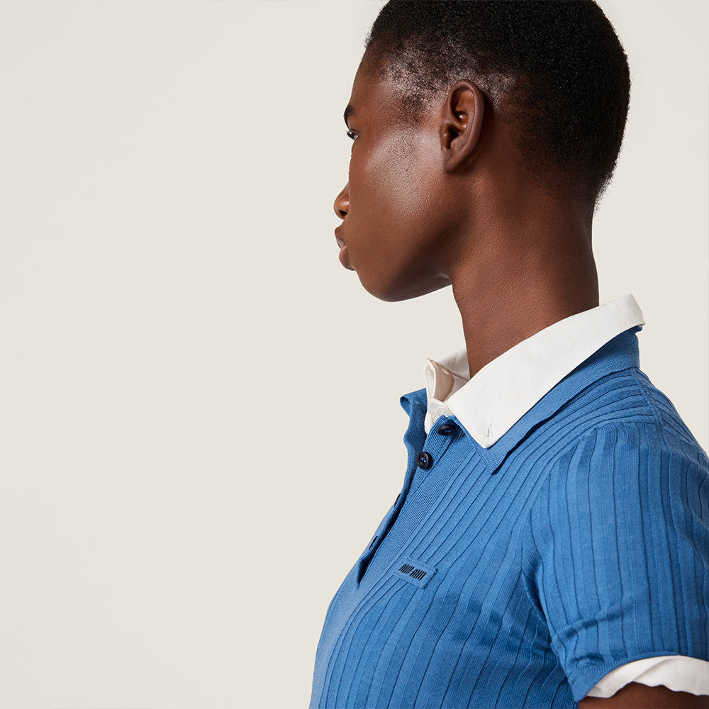 MiuMiu Aviator Blue Ribbed Knit Wool Polo Shirt #335649