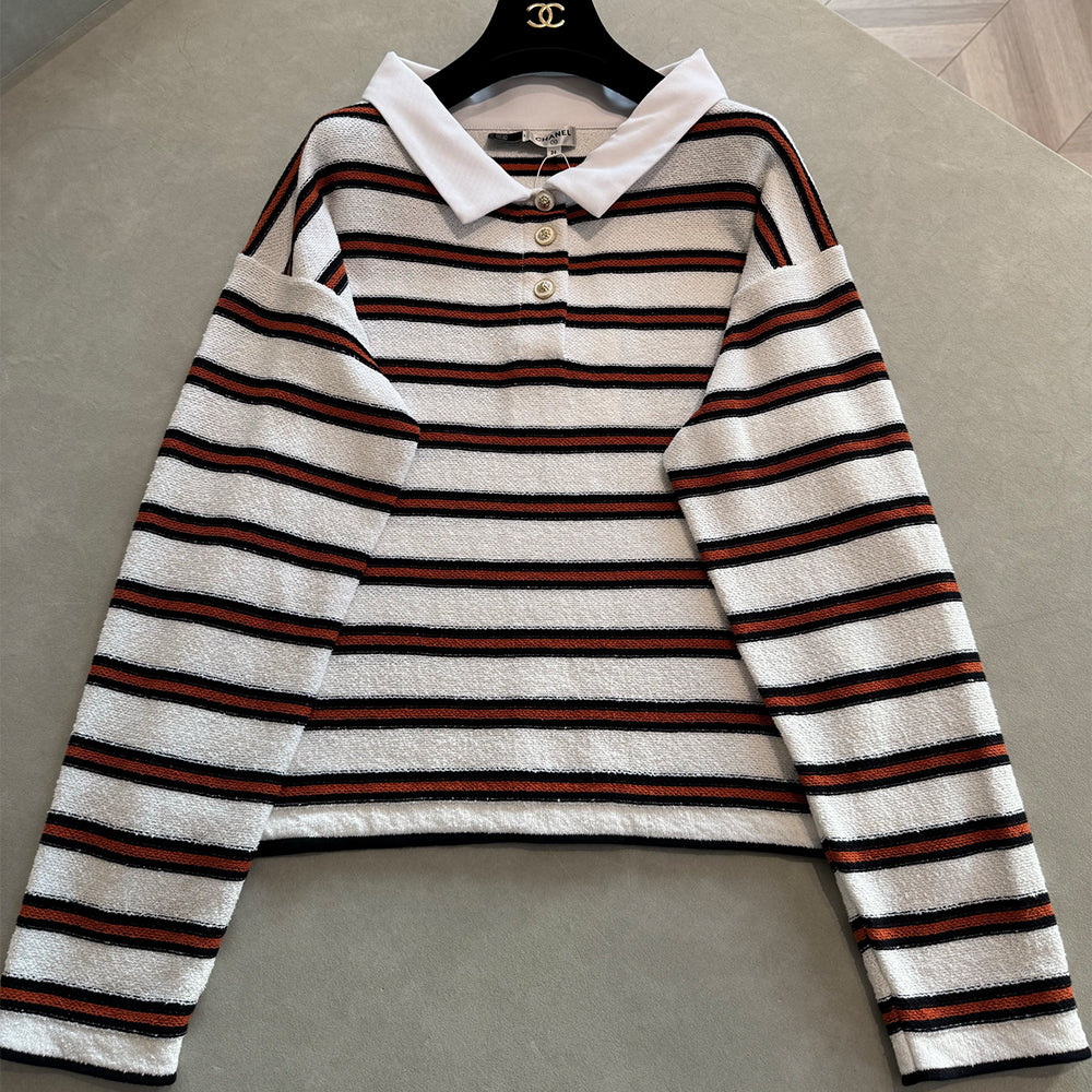 Chanel Pullover Cotton White Navy Blue Brown #335730