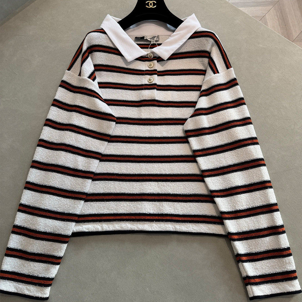 Chanel Pullover Cotton White Navy Blue Brown #335730