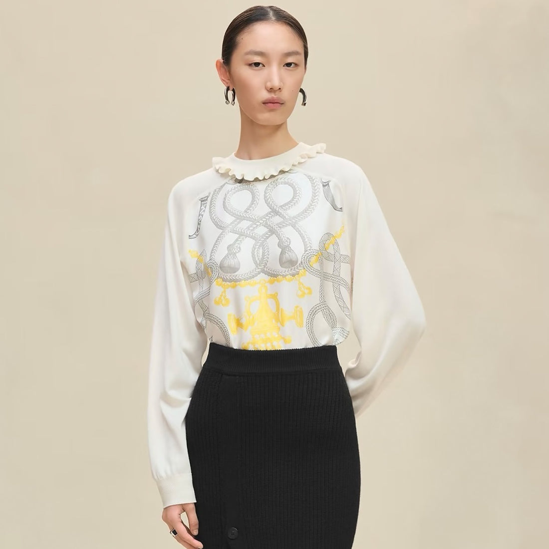 Hermes Women's Spring/Fall High-Street Printed Silk Patchwork Crew Neck Long Sleeve Solid Color Oversized Knit Sweater Ngvp #2546