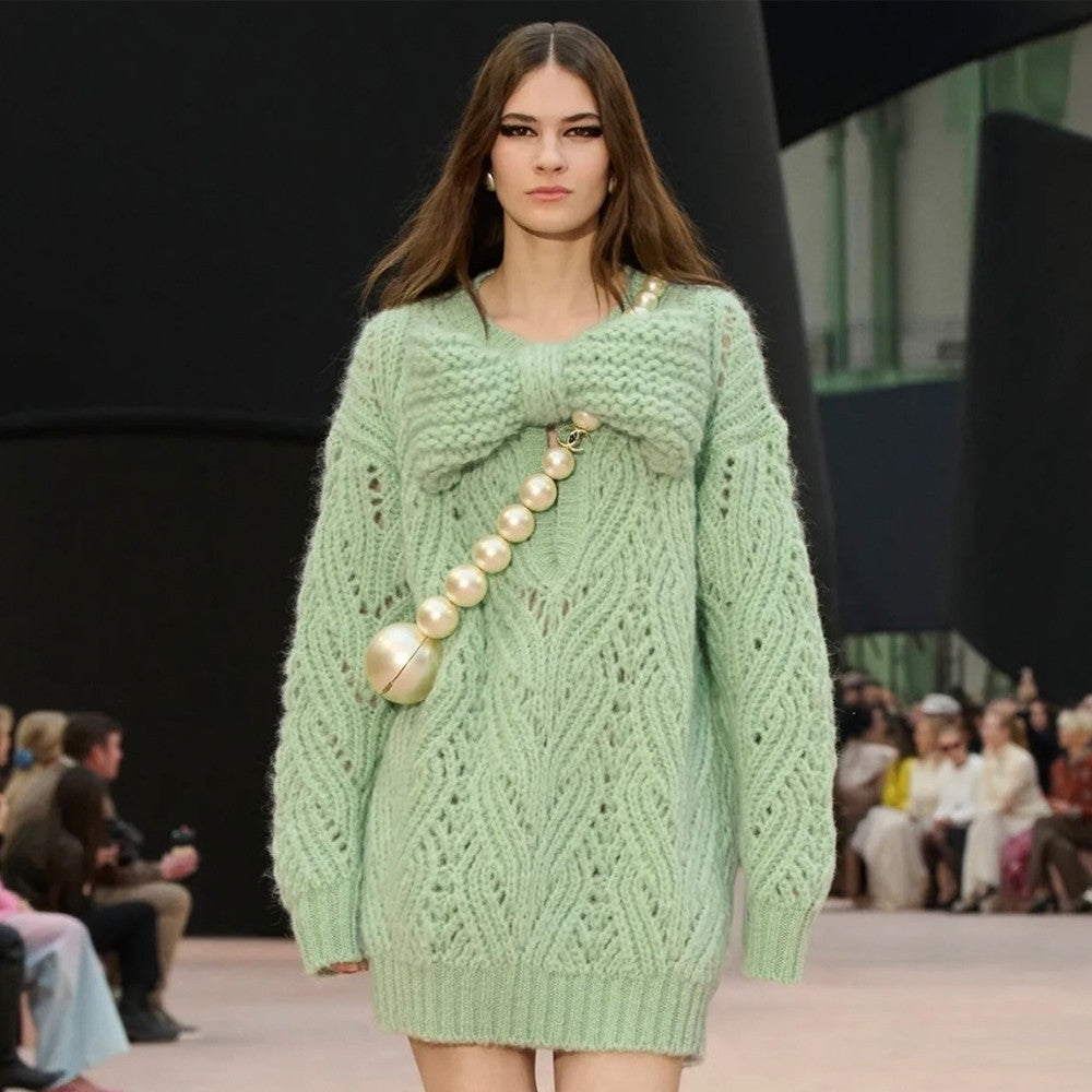 Chanel 25K Fall/Winter Haute Couture Collection Long Sleeves Short Dress Mohair And Wool Light Green #332110