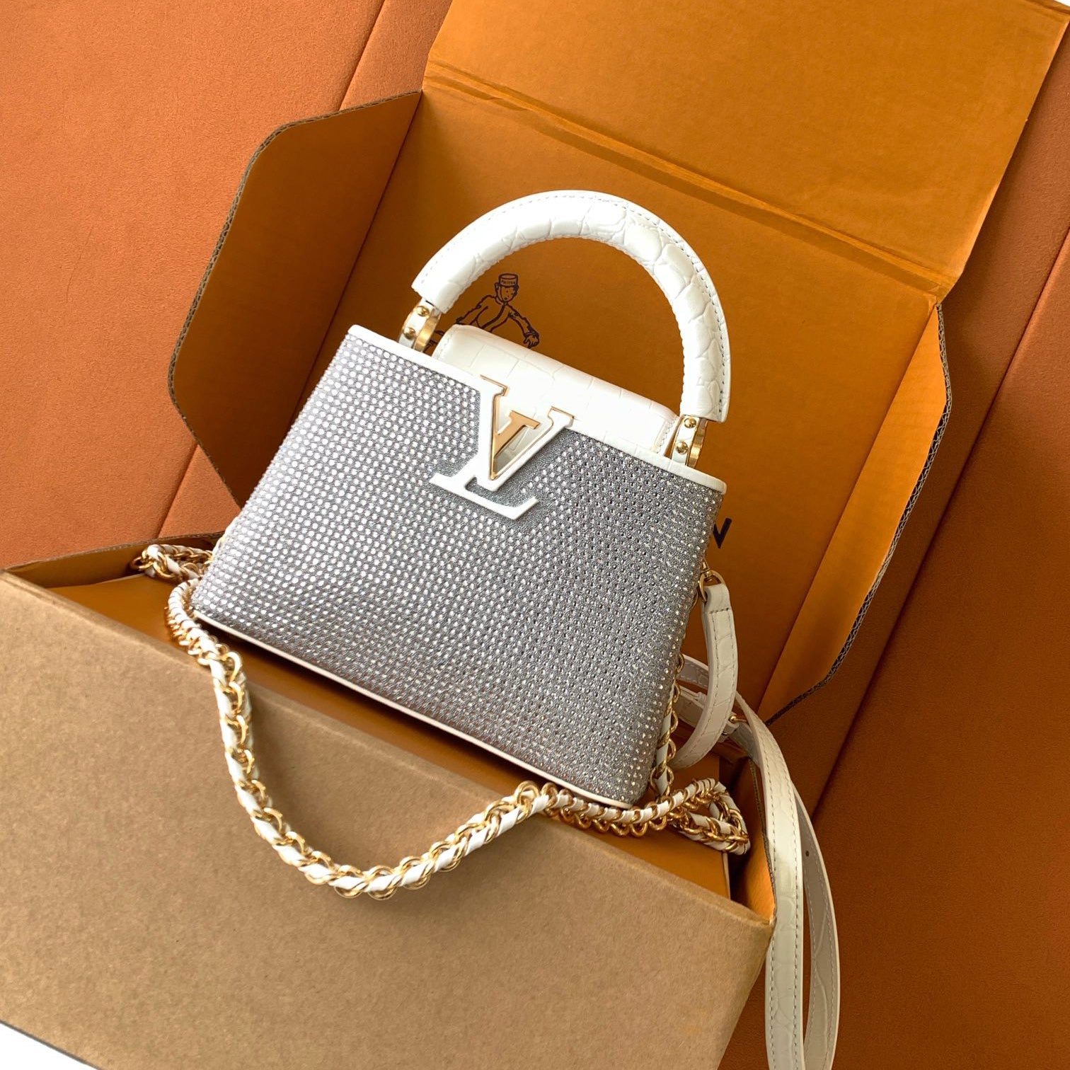 Louis Vuitton Women's Fashion Classic Crocodile Patterned Handbag With Hand Embedded Diamond Logo Letter Badge Dual-strap Tote Crossbody Bag Shoulder White Bag Bags #79287