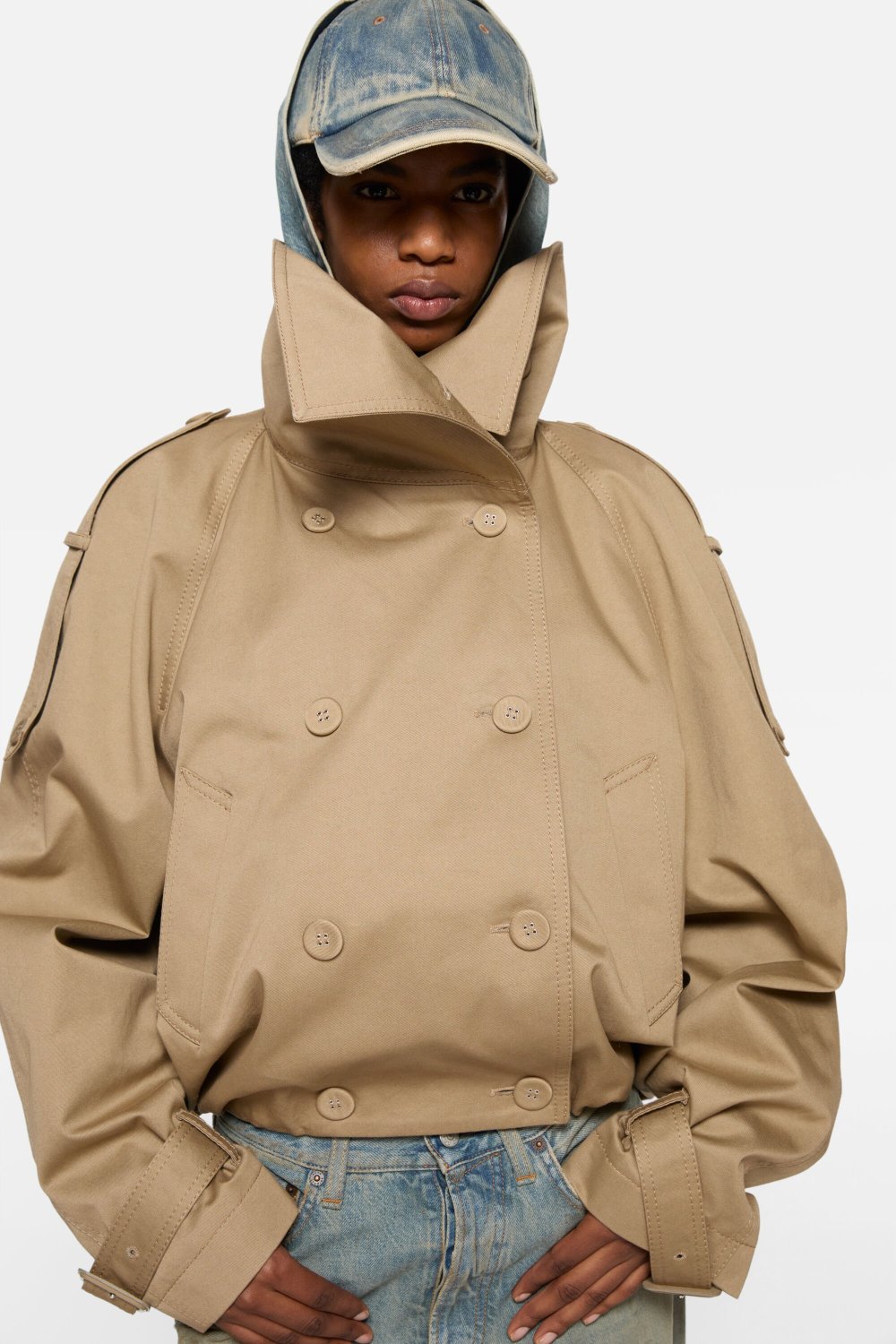 Acne Studios Women's Spring/Fall Fashion Casual Love You Solid Color High-Neck Double-Breasted Twill Trench Coat Short Jacket #78969