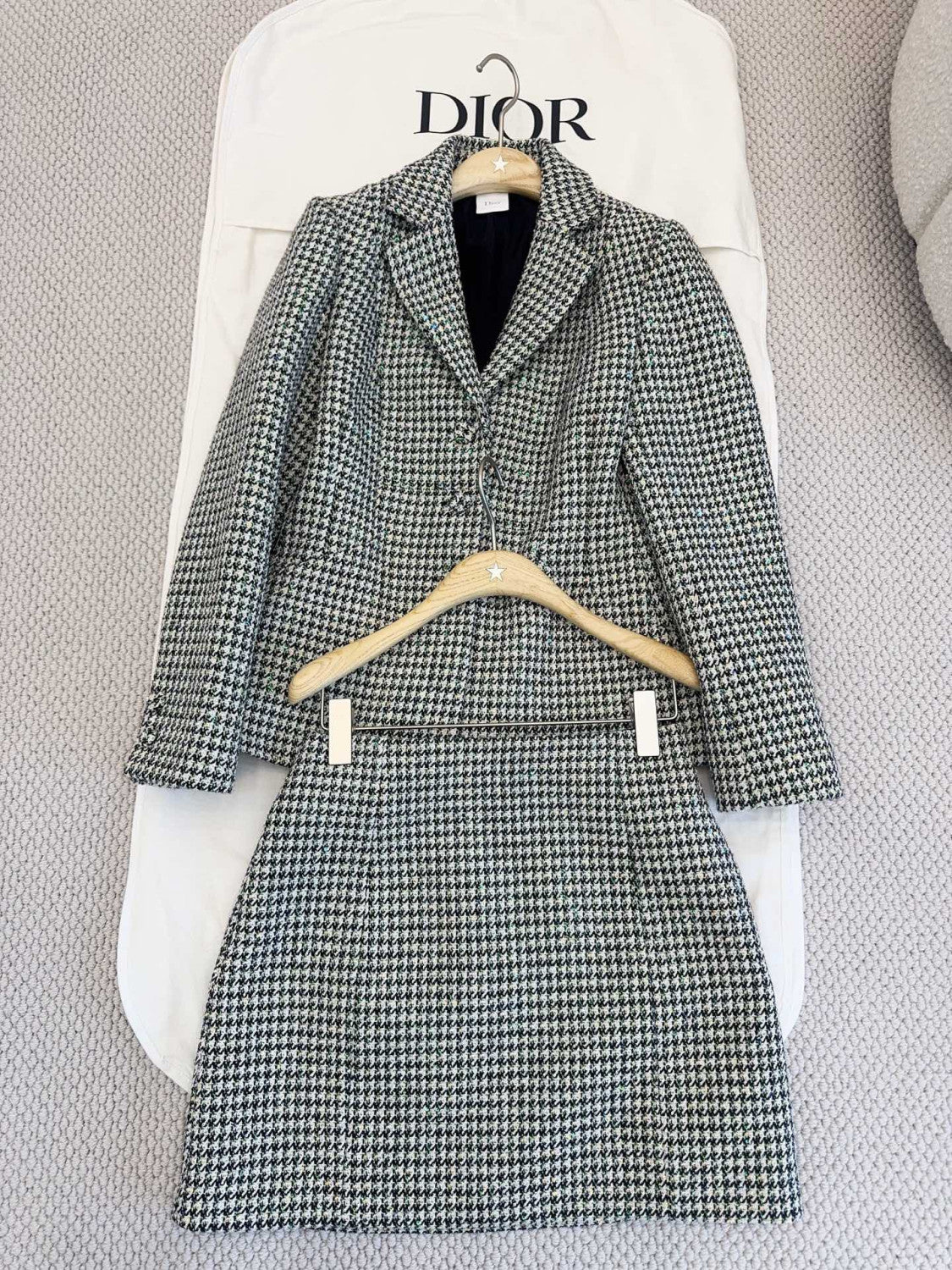 Dior Bar Blazer Skirt Black and White Houndstooth Virgin Wool Blend With Multicolor Sequins #377177