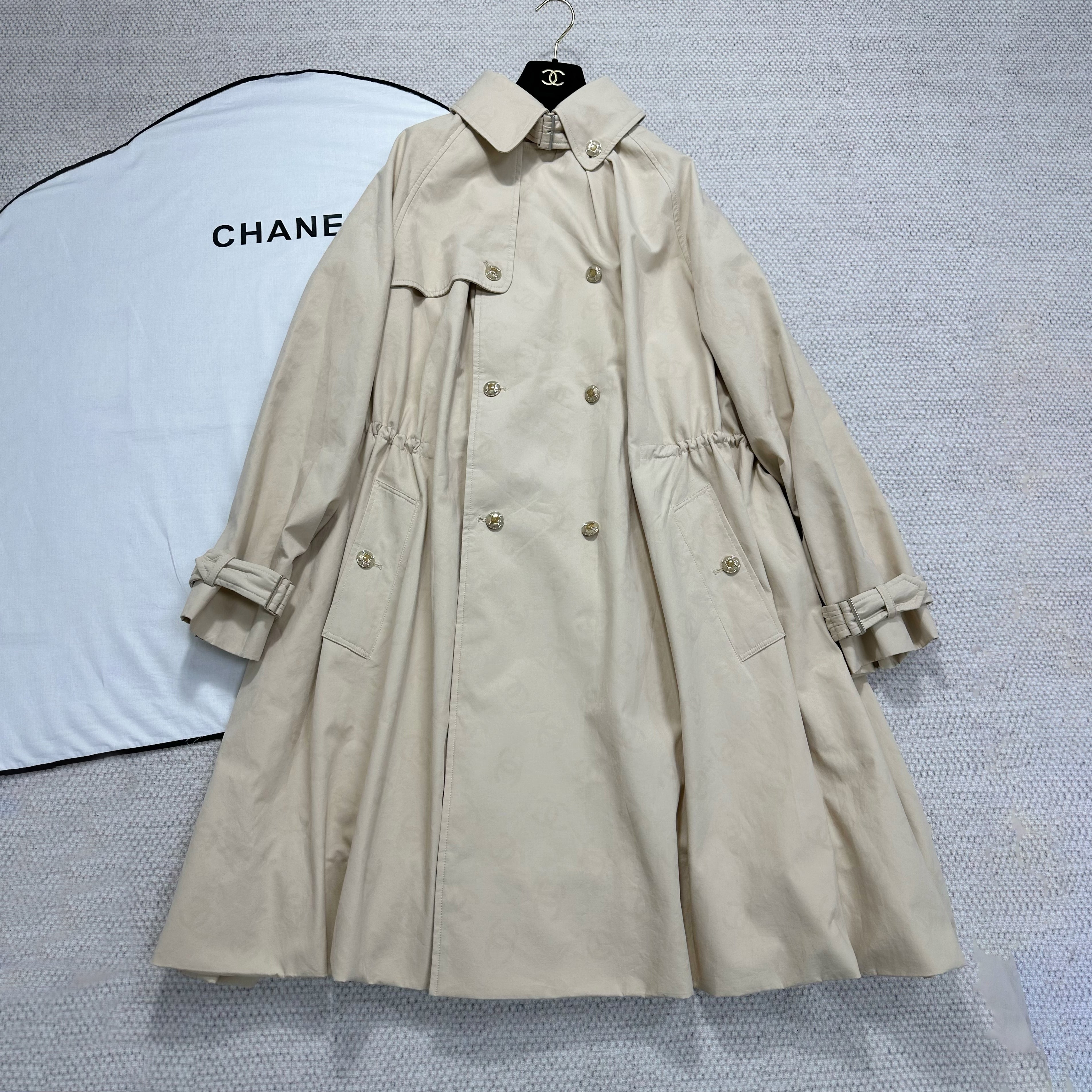 Chanel Women's Spring/Fall Casual Double Breasted Collared Long Print Trench Coat with Elastic Waistband Jacket #78777