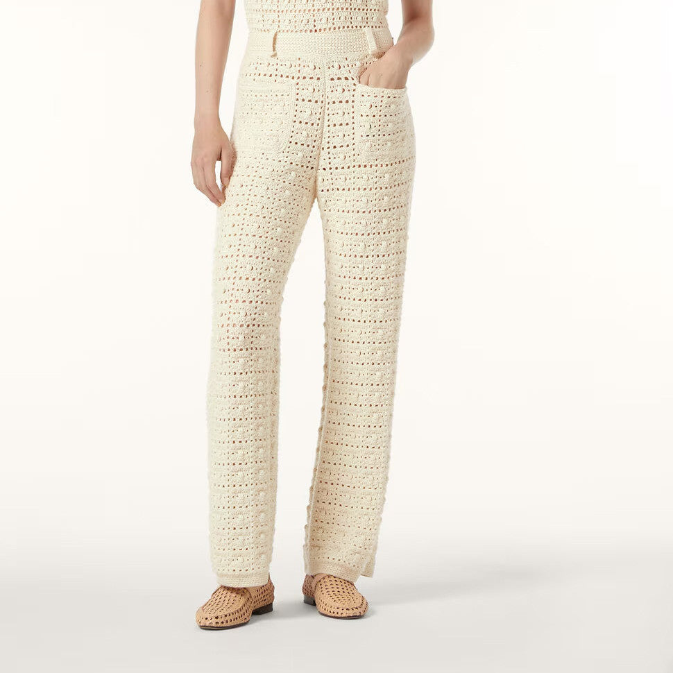 Loro Piana Women's Spring/Fall Fashion Casual Crew Neck Single Button Knit Pocket Jacket Plaid Knit Straight Leg Casual Pants Suit Set #78869