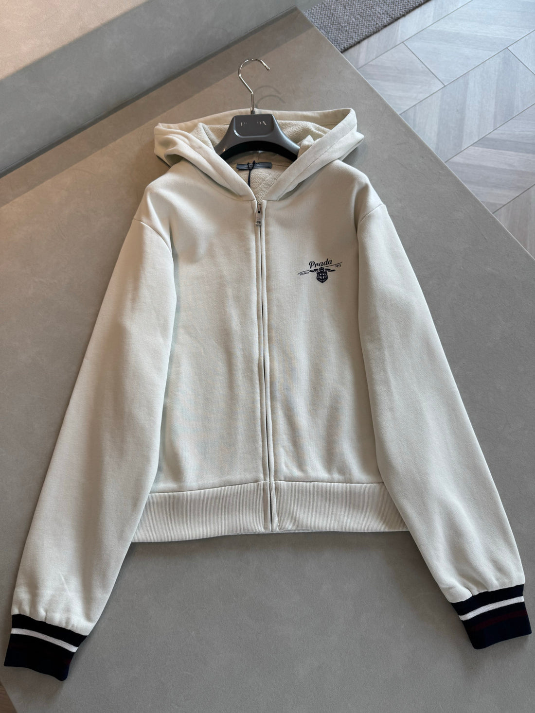 Prada White Hooded Zipper Sweatshirt #377465