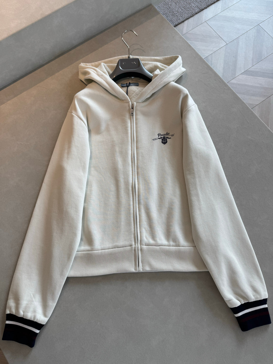 Prada White Hooded Zipper Sweatshirt #377465