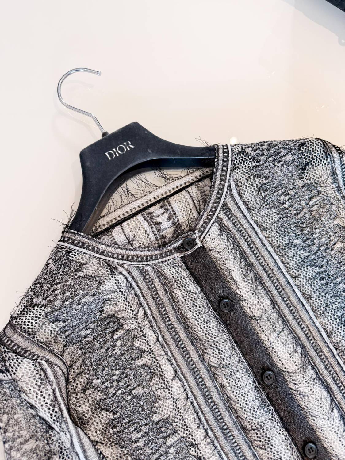 Dior Women's Spring/Summer/Fall Striped Embroidered Lace Hollow-Out Solid-Color Single-Breasted Round-Neck Knit Cardigan Ngvp #2398