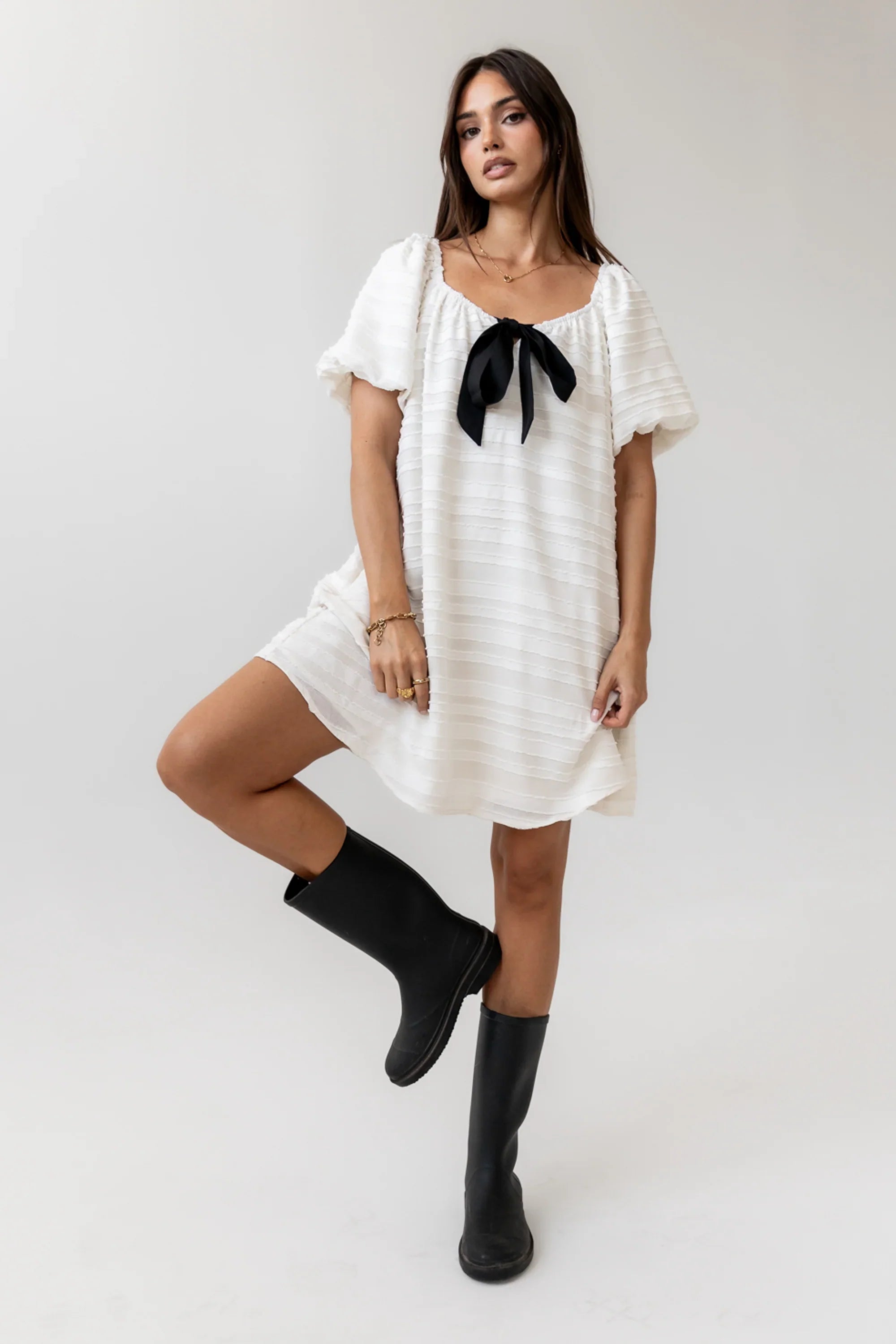 Minnie Textured Baby Doll Dress in Ivory