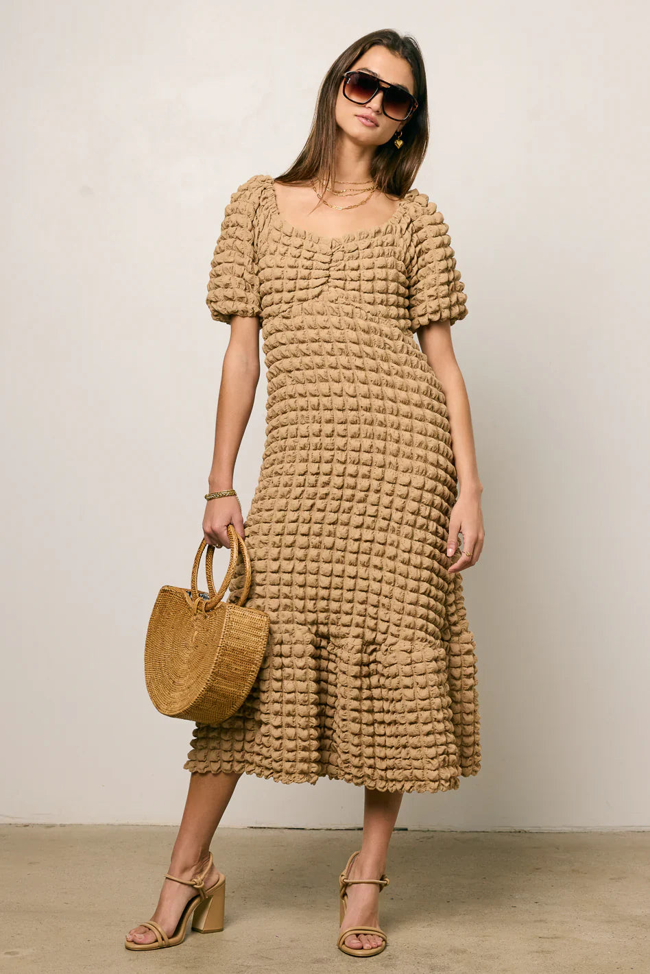Miley Bubble Texture Dress in Tan