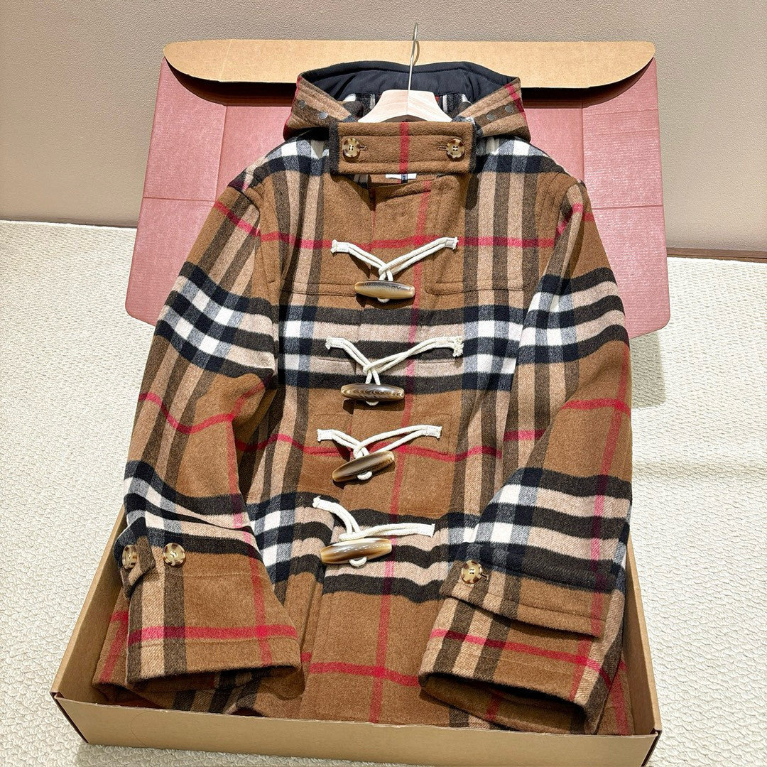 Burberry Men's And Women's Fall/winter Fashion Casual Checkered Hooded Single Breasted Short Coat With Horn Buttons Jacket #79427