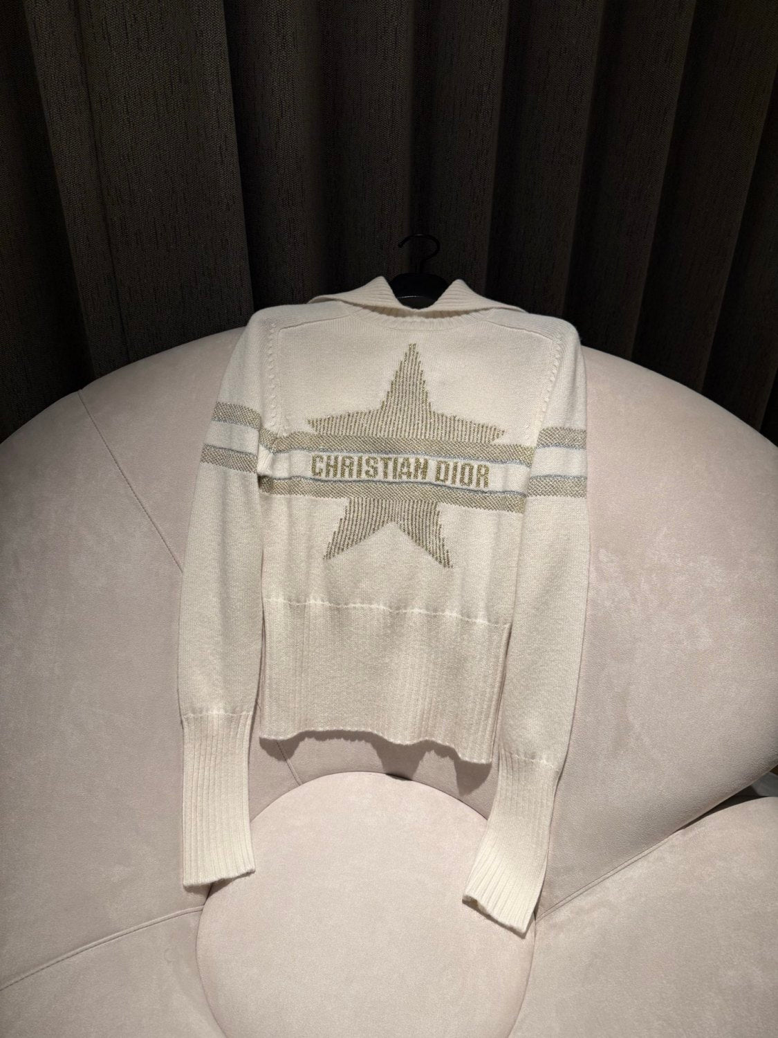 DIOR DiorAlps Mock Neck Sweater Ecru Virgin Wool Cashmere Blend Knit with Gold Tone Dior Star Motif #375804