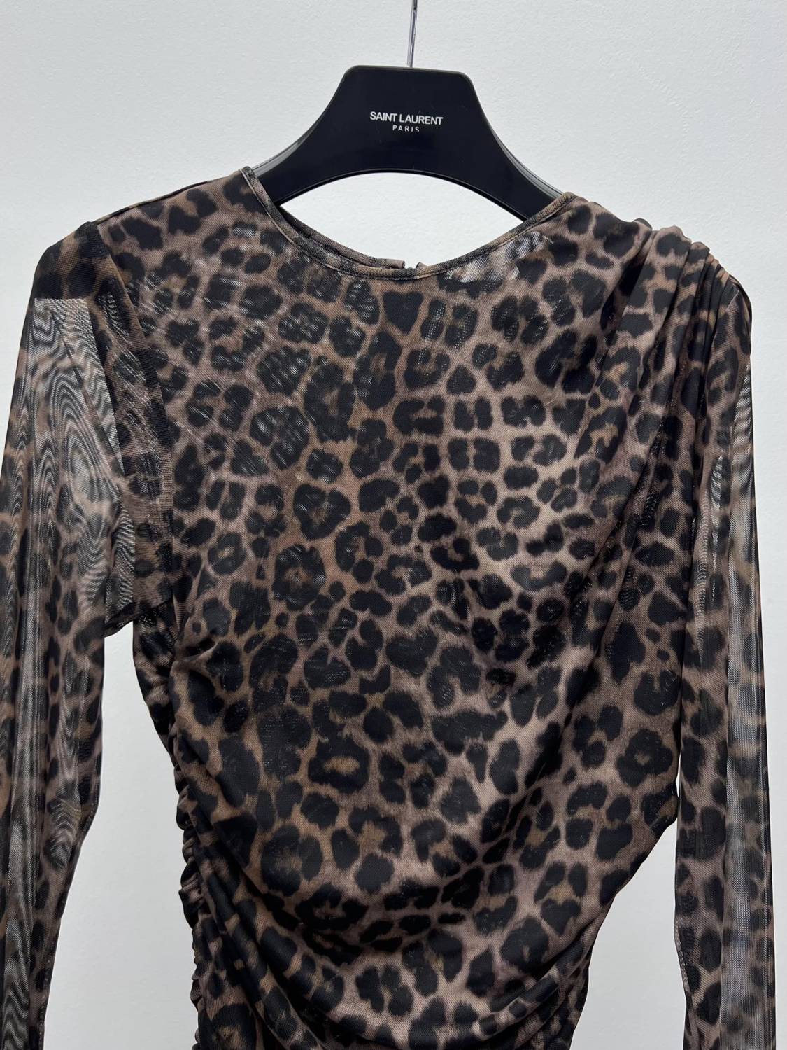 Saint Laurent Ruched Mini Dress in Leopard Tulle Jersey in Brown #334380