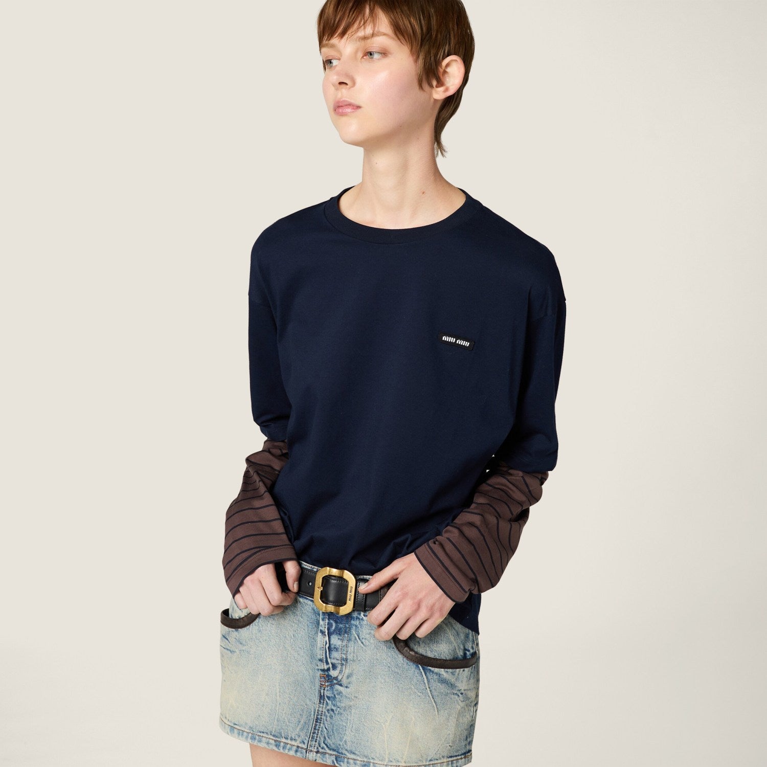 MiuMiu Women's Spring/autumn Fashion Casual Two Piece Color Block Round Neck Striped Long Sleeve Plain Knit T-Shirt #78389