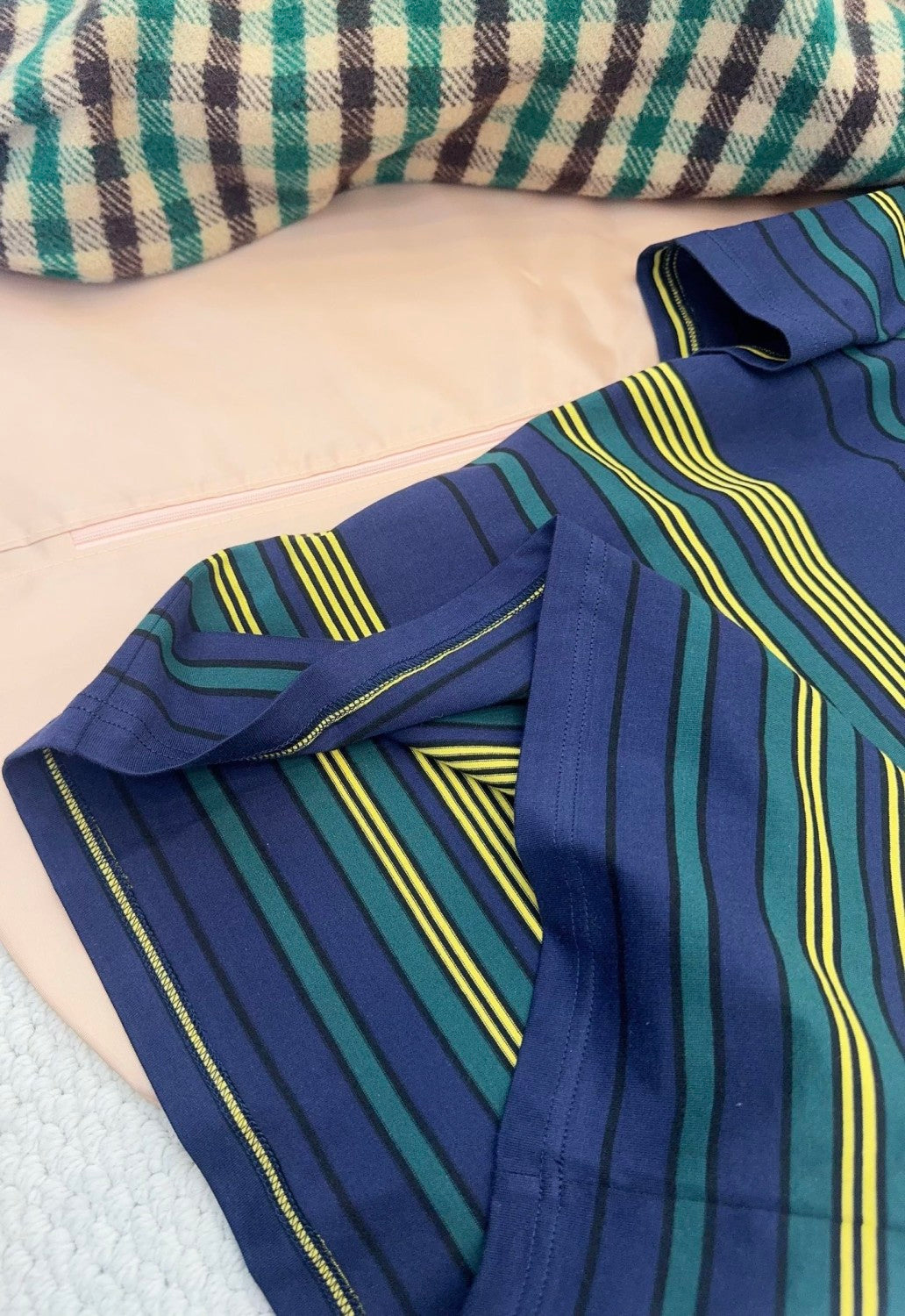 MiuMiu 25FW Women's Striped Short-sleeved T-shirt Yellow And Green Stripes Retro College Style Cotton Logo Pocket #332610