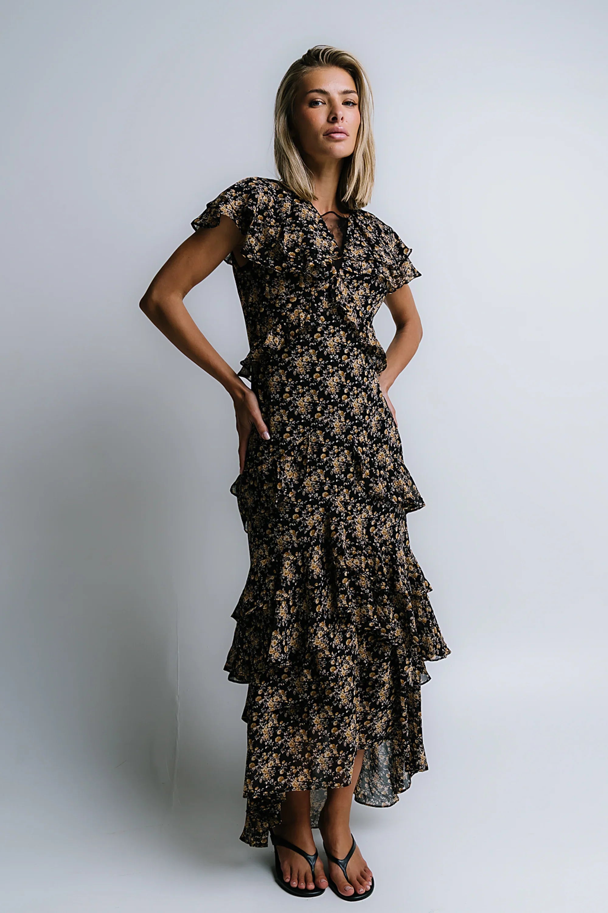 James Ruffle Maxi Dress in Black