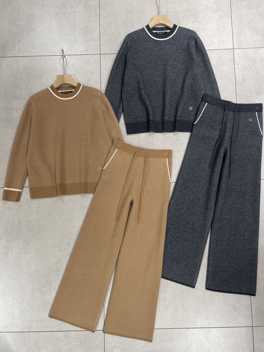 Loro Piana Women's Spring/Fall/Winter Round Neck Knit Cashmere Solid Color Long Sleeve Pullover Sweater with Casual Drawstring Elastic Waist Pants Suit Set Ngvp #2399