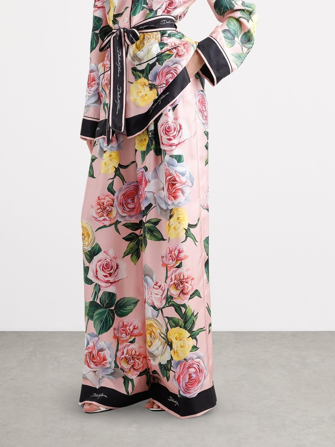 Dolce&Gabbana Women's Autumn/winter Floral Print Silk Satin Blouse  Shirt With Belted Collar Straight-leg Casual Trousers Pants Set Suit  Ngvp #2628
