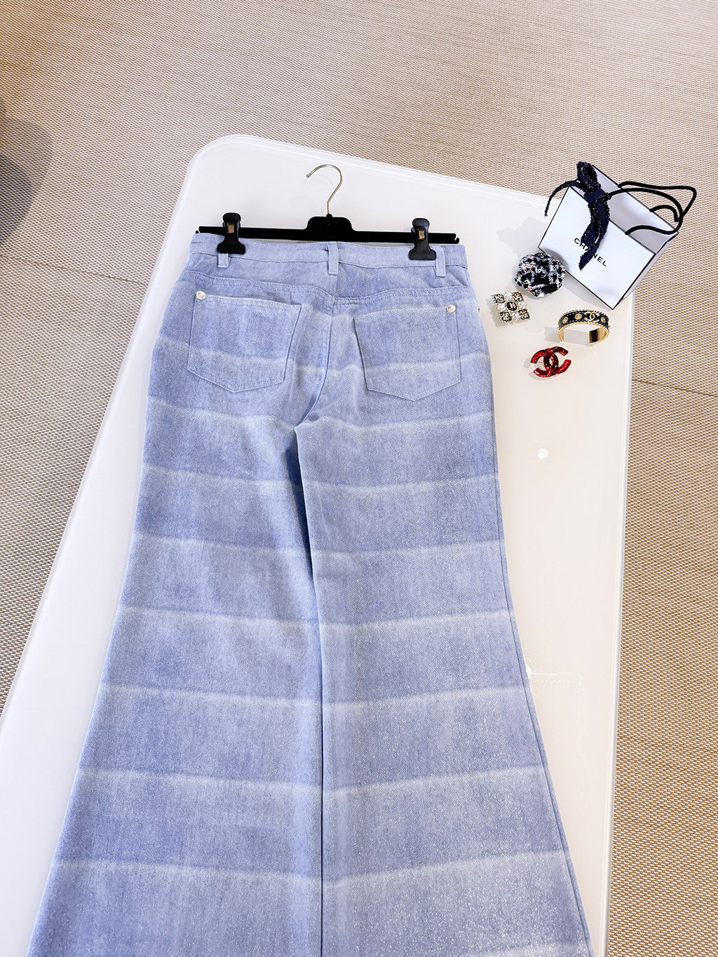 Chanel Jeans Layered Patchwork Denim Light Blue and White #336016