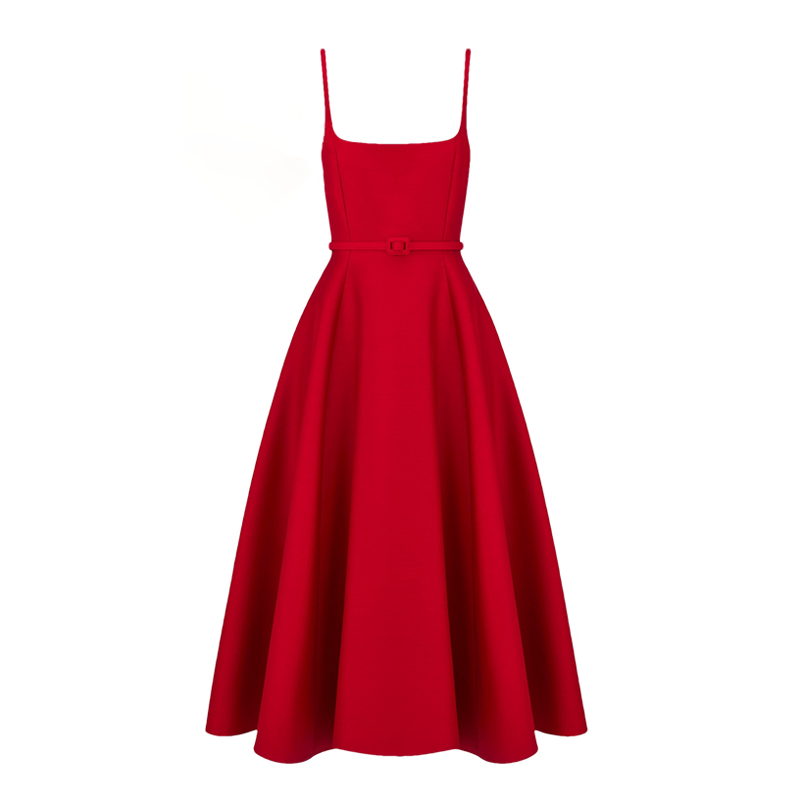 Dior Women's Spring/Summer Two-Tone Pearl Belt Flared High Street Solid Color Square Neck Mid-Length Halter Dresses Ngvp #2157