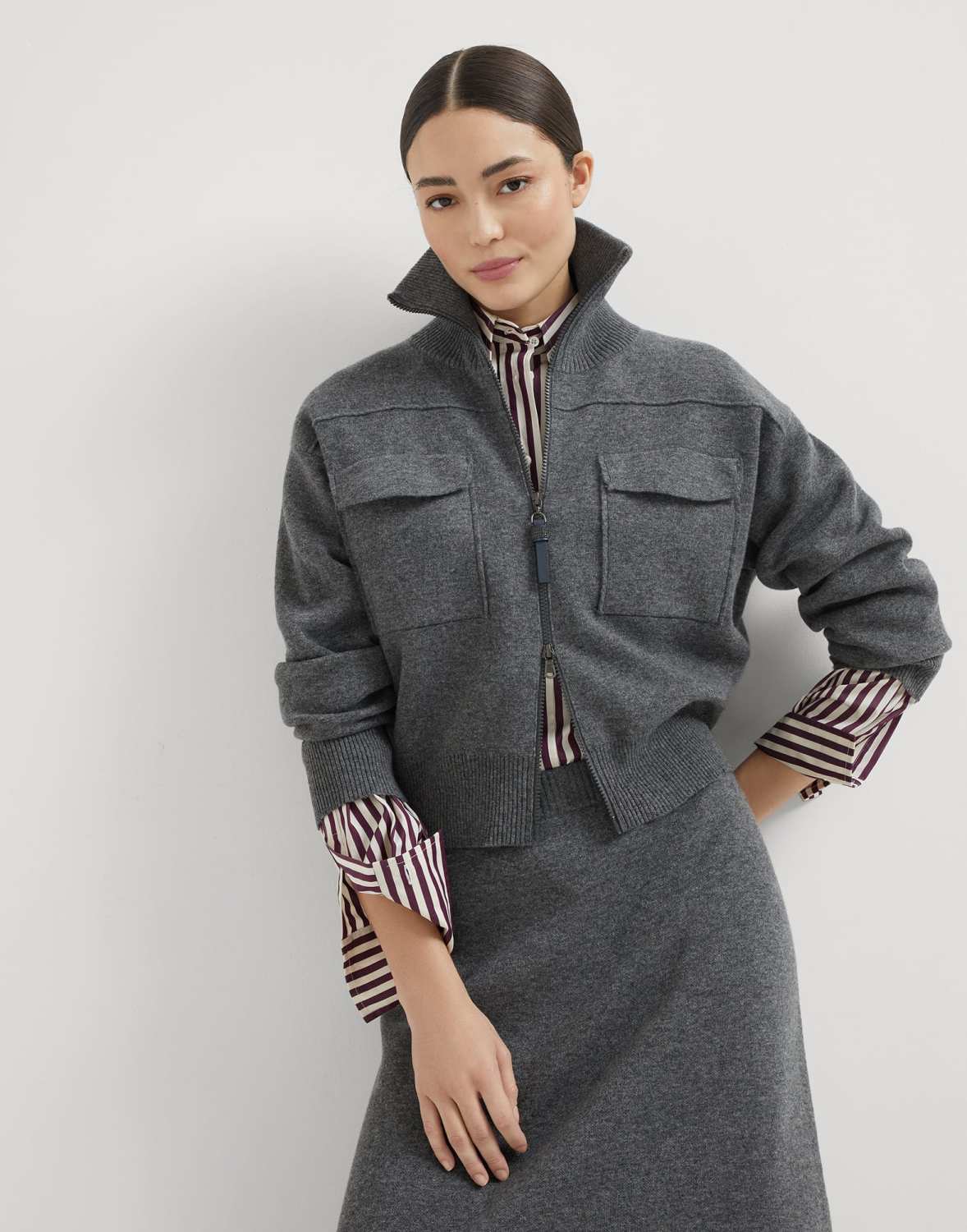 Brunello Cucinelli Women's Spring/Fall Cashmere High-Neck Zipper Coat Solid Color Long-Sleeve Double-Faced Knit Cardigan With Shiny Zipper Pull Ngvp #2312