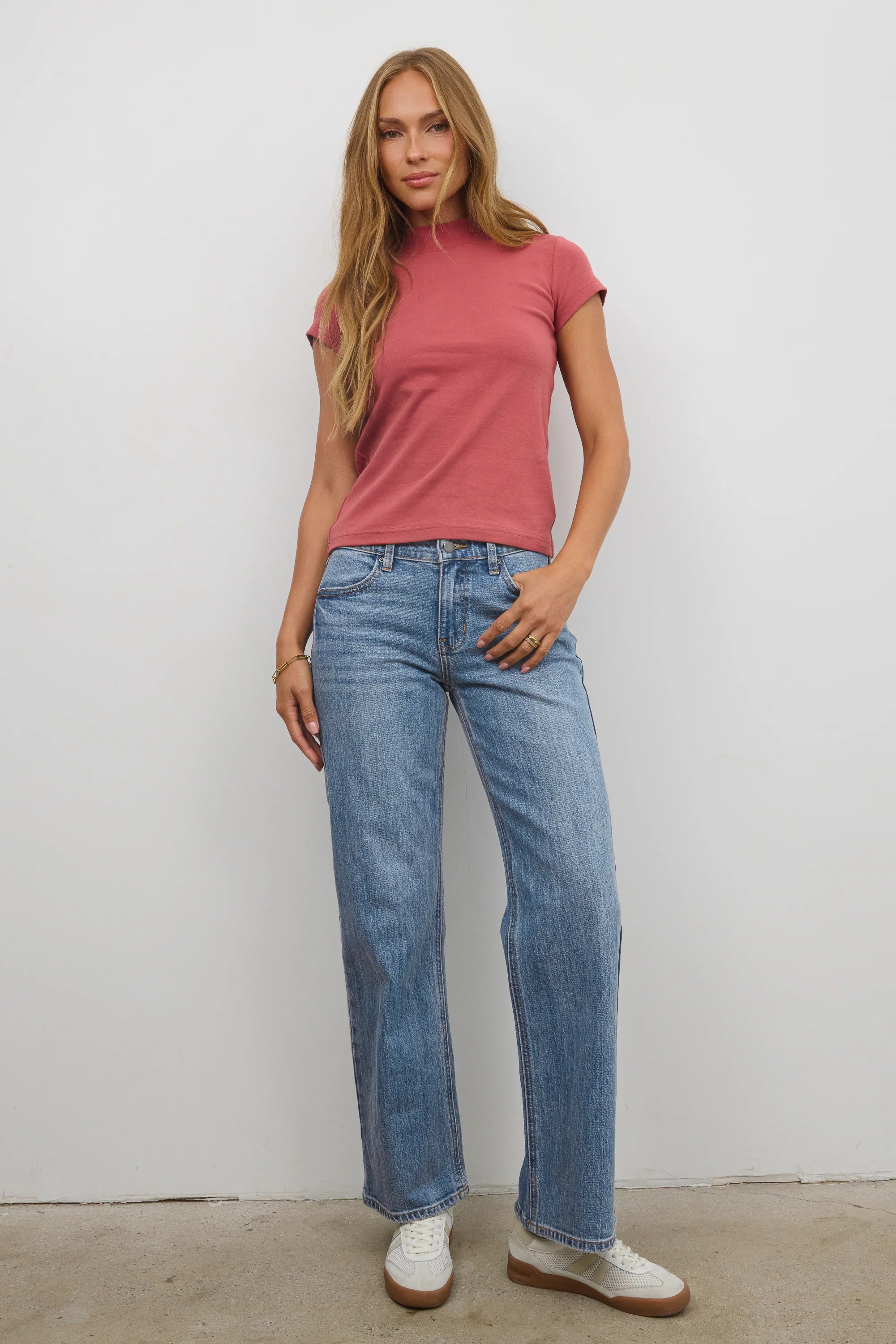 Marley Mock Neck Tee in Berry
