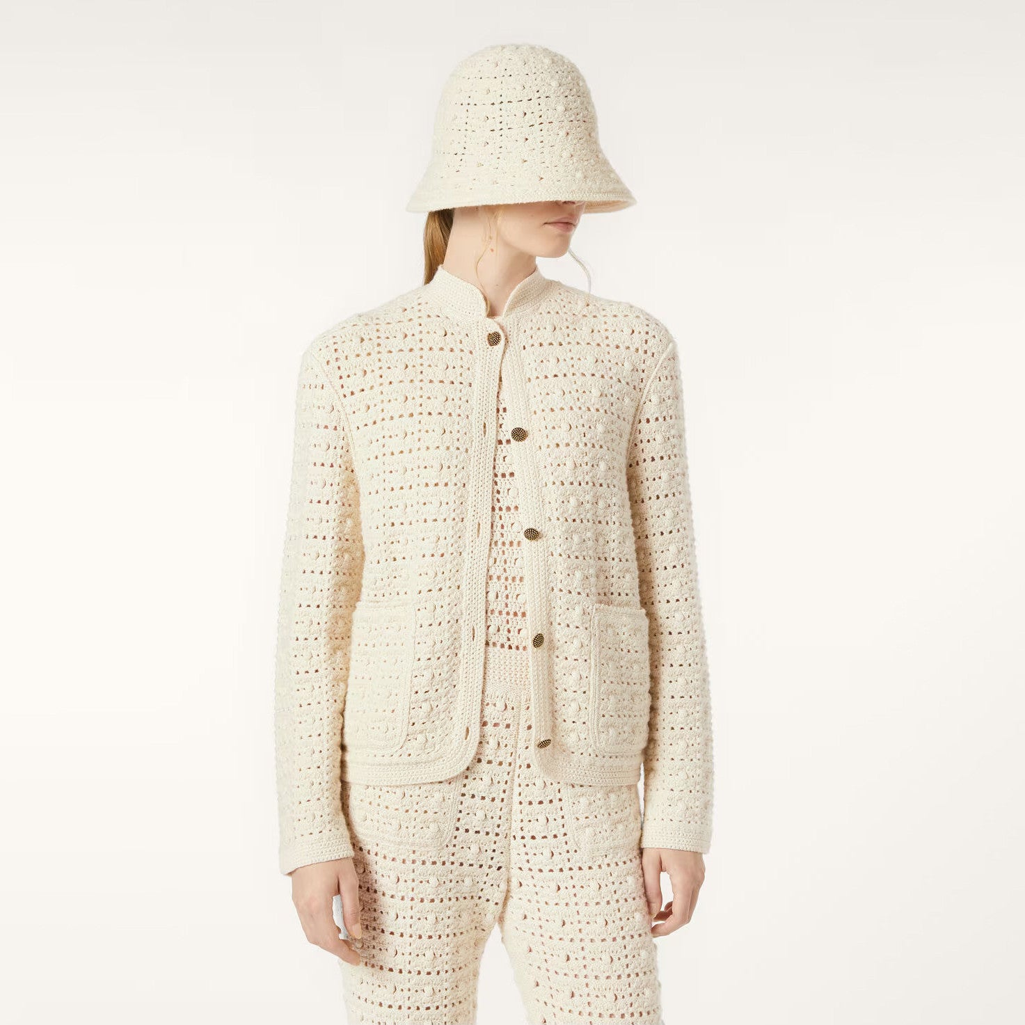 Loro Piana Women's Spring/Fall Fashion Casual Crew Neck Single Button Knit Pocket Jacket Plaid Knit Straight Leg Casual Pants Suit Set #78869