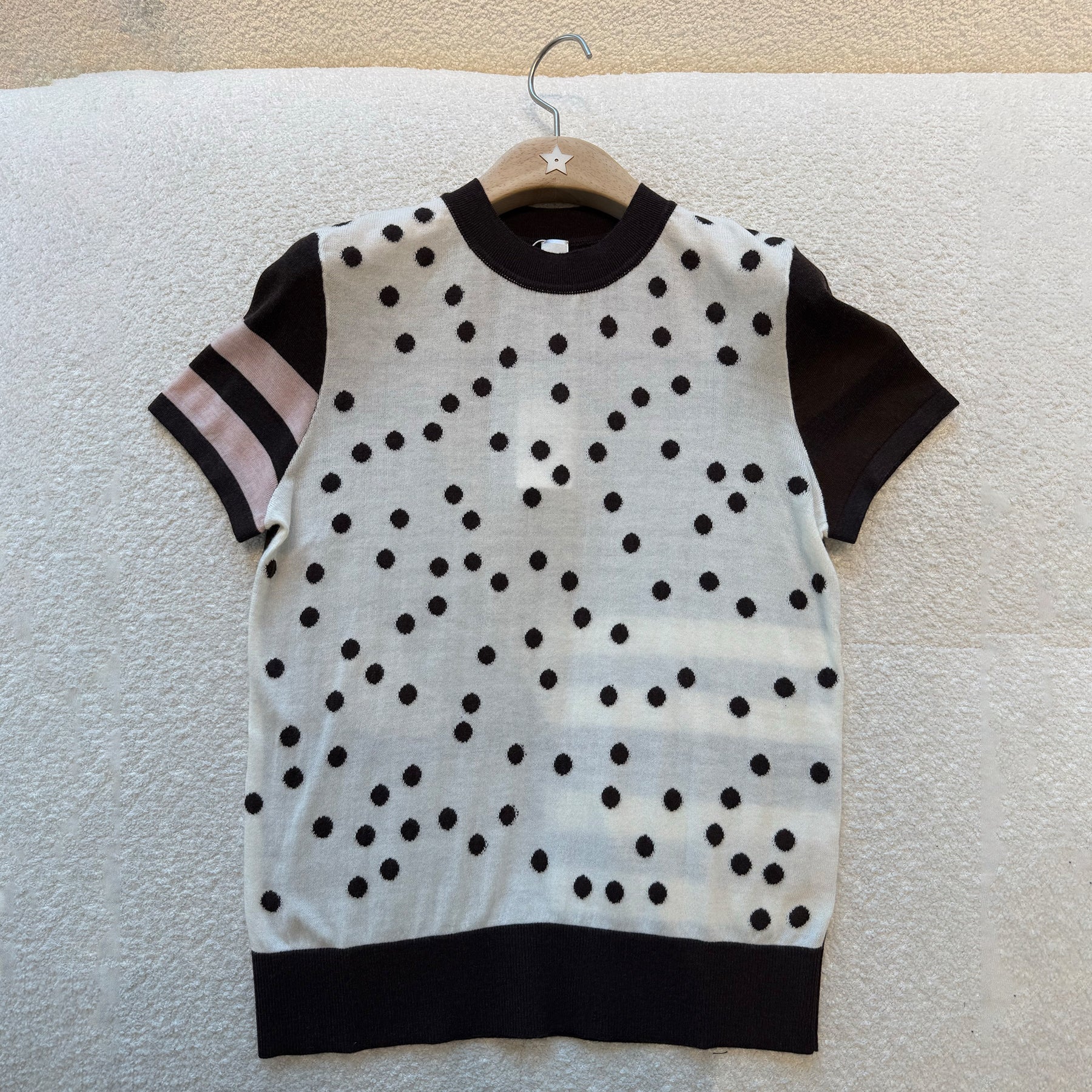 Hermes Women's Spring And Summer Cashmere Knitted T-shirt Round Neck Short-sleeved Color Collision Striped Polka Dot Short Knitted Sweater Bottoming Sweater Ngvp #2473